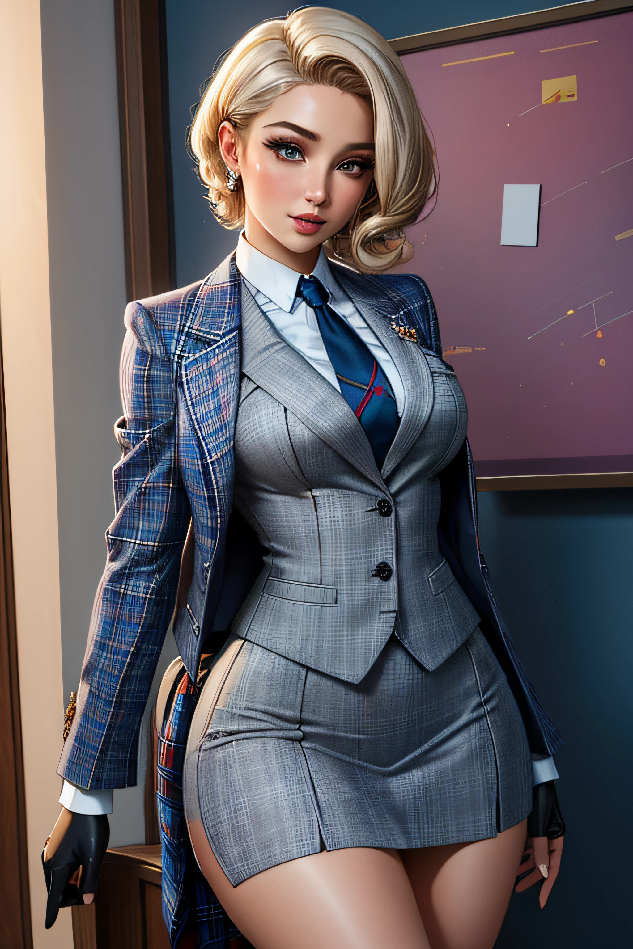 masterpiece, best quality, 1girl, skirt suit, (((three piece suit))), grey plaid suit, necktie, waistcoat, bodycon skirt, short, shortstack, tail, bushy tail, makeup, tie clip, white gloves