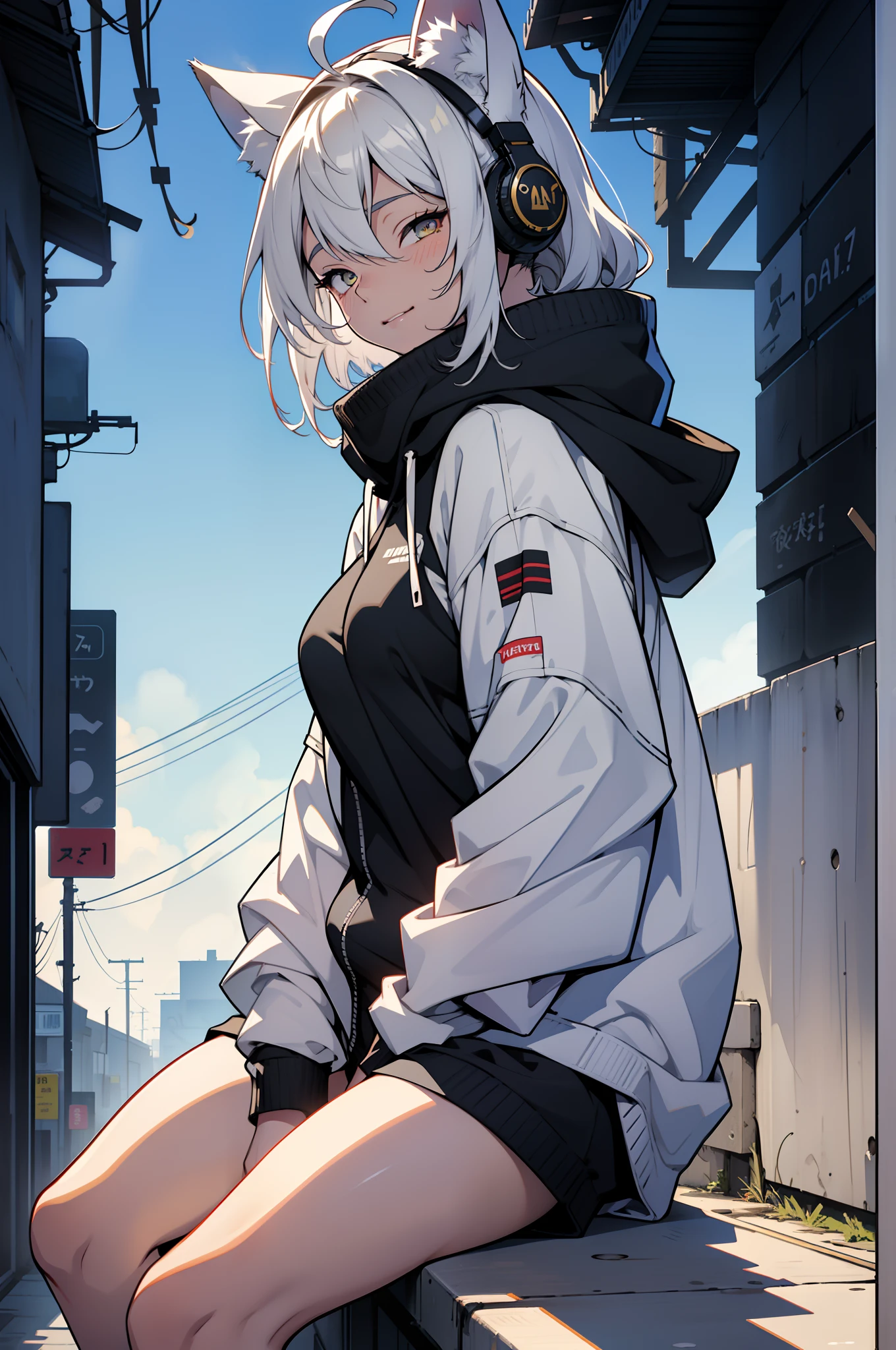 early evening　evening　Wearing cool headphones　Monotone clothes with a hood　Stick your hands in your pockets　Watch dusk　short-haired　Listening to music　Licking Chupa Chups　a girl alone　Gray hair sitting on the rooftop,illustratio,multi-monitorhighest quality、8K))One Woman　long hair anime girl、extremely cute anime girl face、nightcore、From the front line of girls、Portrait of a cute anime girl、Whole body, from bellow,ceiling,Looking at Viewer, Head_tilt, Petite, girl,Woman,Female, Mature,30 years old, Very long hair, flipped hair, White and silver hair, Flowing hair, Ahoge, lightsmile,Closed_Eyes , Medium_breasts, thighs thighs thighs thighs, {{{{{{{{ Black Parker Oversize }}}}}}}},Transparent_Background, Transparent_Background, Transparent_Background, absurderes, hight resolution, very precise details, beautiful and delicate golden eyes,hacker,backs,1girl in,coyote,white  hair,illustratio,Multiple monitors