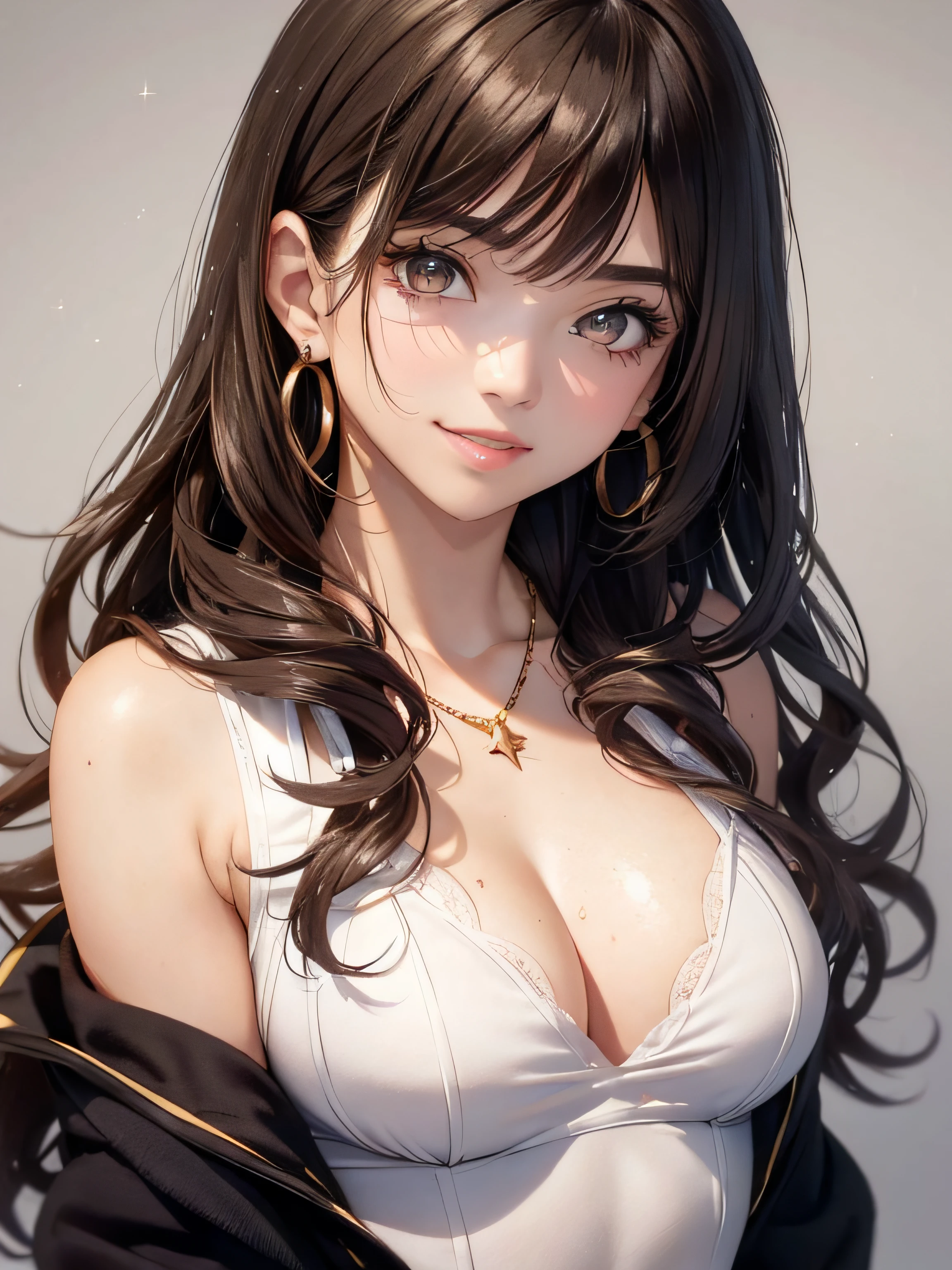(One upper body photo), Beatiful face, Highly detailed face and skin texture, (Detailed eyes), Brown eyes, Double eyelids, Fine eyebrows, Glitter eyeliner: 1.2, Natural cheeks, Glowing skin, Fair skin, (((with schoolgirl costume))), Glitter necklace and earrings, (Glossy lips: 1. 4), (Seductive smile), (20 years old), (Wavy hair, Diagonal bangs), Medium long hair, ((Upper body shot)), ((Focus on chest and face)), Medium large breasts, Upturned Breasts.