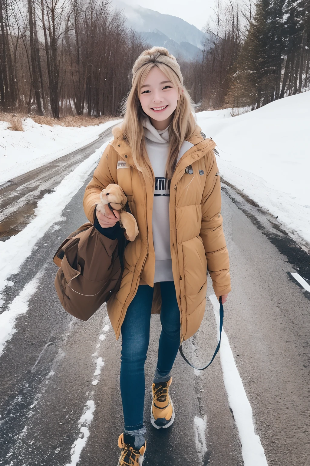 18-year-old girl, Clear facial features, Happy and a golden retriever, Walk on mountain trails, There was snow on the road.