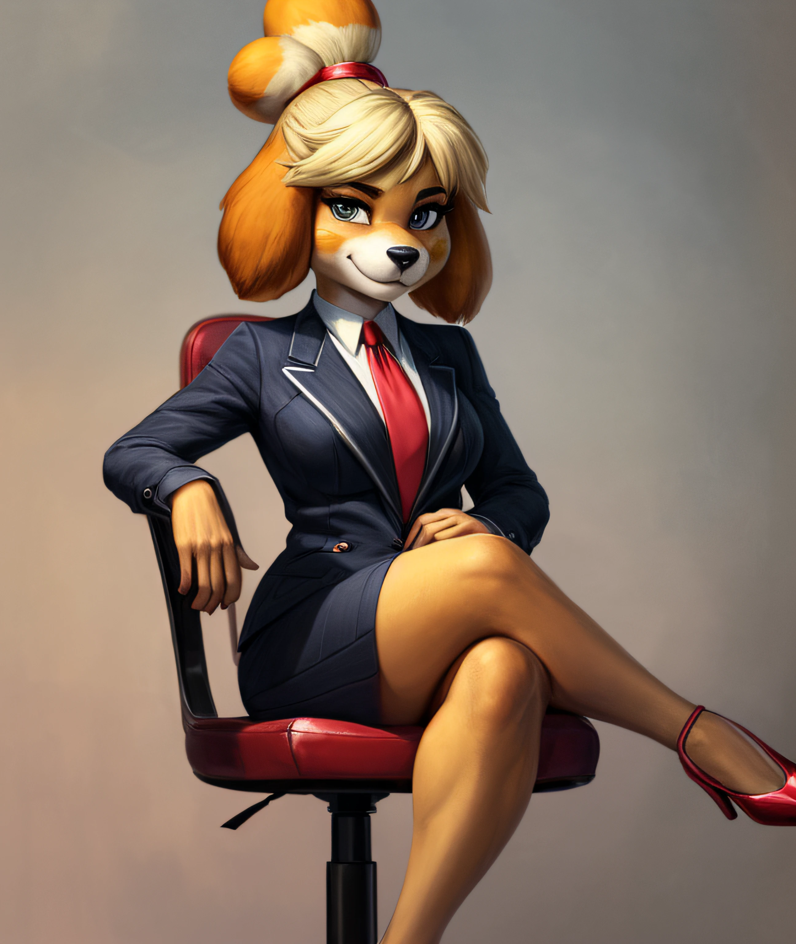 [isaCrossing], [Isabelle; Animal Crossing], [Uploaded to e621.net; (Pixelsketcher), (wamudraws)], ((masterpiece)), ((solo portrait)), ((front view)), full body view, ((furry; anthro)), ((detailed fur)), ((detailed shading)), ((beautiful render art)), {anthro; yellow fur, black nose, small brown eyebrows, short, shortstack, smug, seductive eyes, (blushing), makeup, (shiny eyeshadow), lipstick, blonde hair, (bells in hair), topknot, fluffy tail, (high heels)}, {(red ribbon), navy pinstripe skirt suit, suit and tie, ((three-piece suit)), striped necktie, waistcoat, blazer, bodycon miniskirt, sitting on chair, crossed legs, confident, boss lady, hand on hip, (((surrounded by buff naked anthro men))),