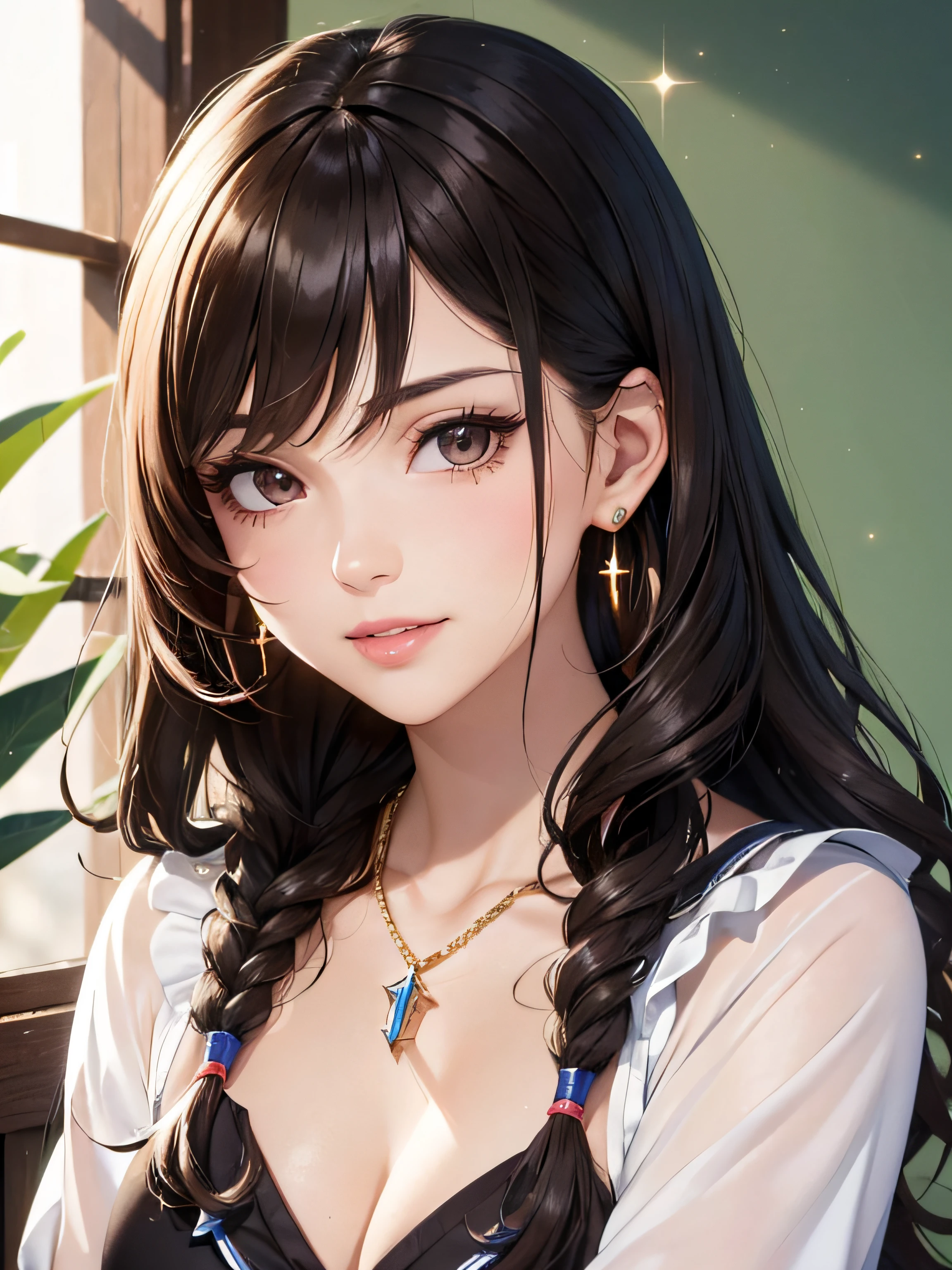 (One upper body photo), Beatiful face, Highly detailed face and skin texture, (Detailed eyes), Brown eyes, Double eyelids, Fine eyebrows, Glitter eyeliner: 1.2, Natural cheeks, Glowing skin, Fair skin, (((with schoolgirl costume))), Glitter necklace and earrings, (Glossy lips: 1. 4), (Seductive smile), (20 years old), (Wavy hair, Diagonal bangs), Medium long hair, ((Upper body shot)), ((Focus on chest and face)), Medium large breasts, Upturned Breasts.