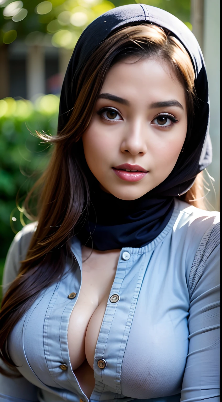 RAW, Best quality, high resolution, Masterpiece: 1.3), Beautiful Malay woman in hijab, Masterpiece, Perfect slim body, ((Big breasts)), Beautiful big eyes, watery eyes, Soft smile, wet lips,(Top Quality, 4k, Masterpiece: 1.3), Beautiful Woman, Woman 1, Dark Brown Hair: 1.1, Ultra-Detailed Face, Detailed Lips, Detailed Eyes, Double Eyelids, ((Full Body: 1.2)), Everyday Wear, Outdoor, Denim, Shirt, ((Sneakers))