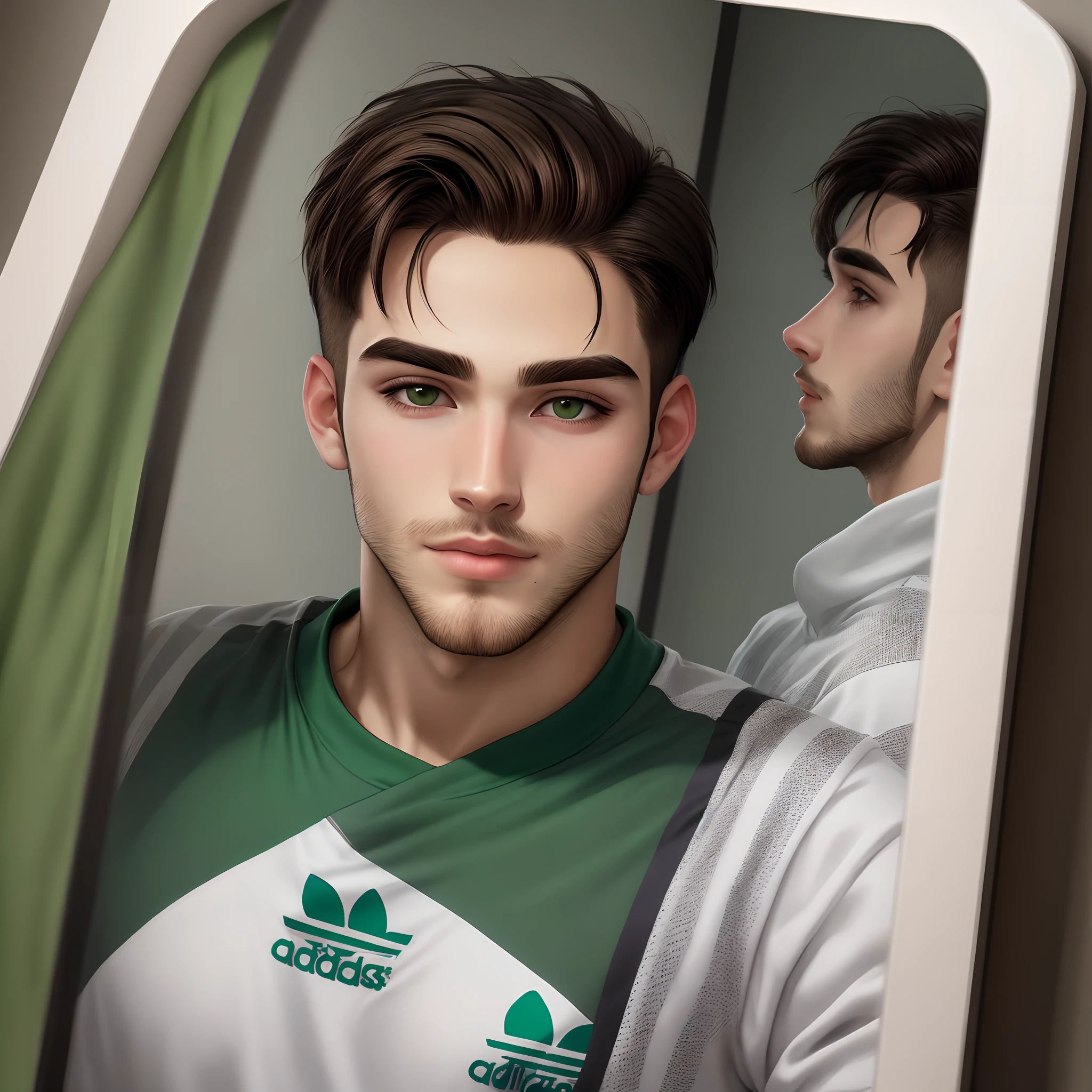 Homem 22 anos, olhos verdes, barba rala, pele branca, slightly fleshy lips, cabelo com reflexo loiro, malhado, usando roupa da Adidas , gradient cut hair
