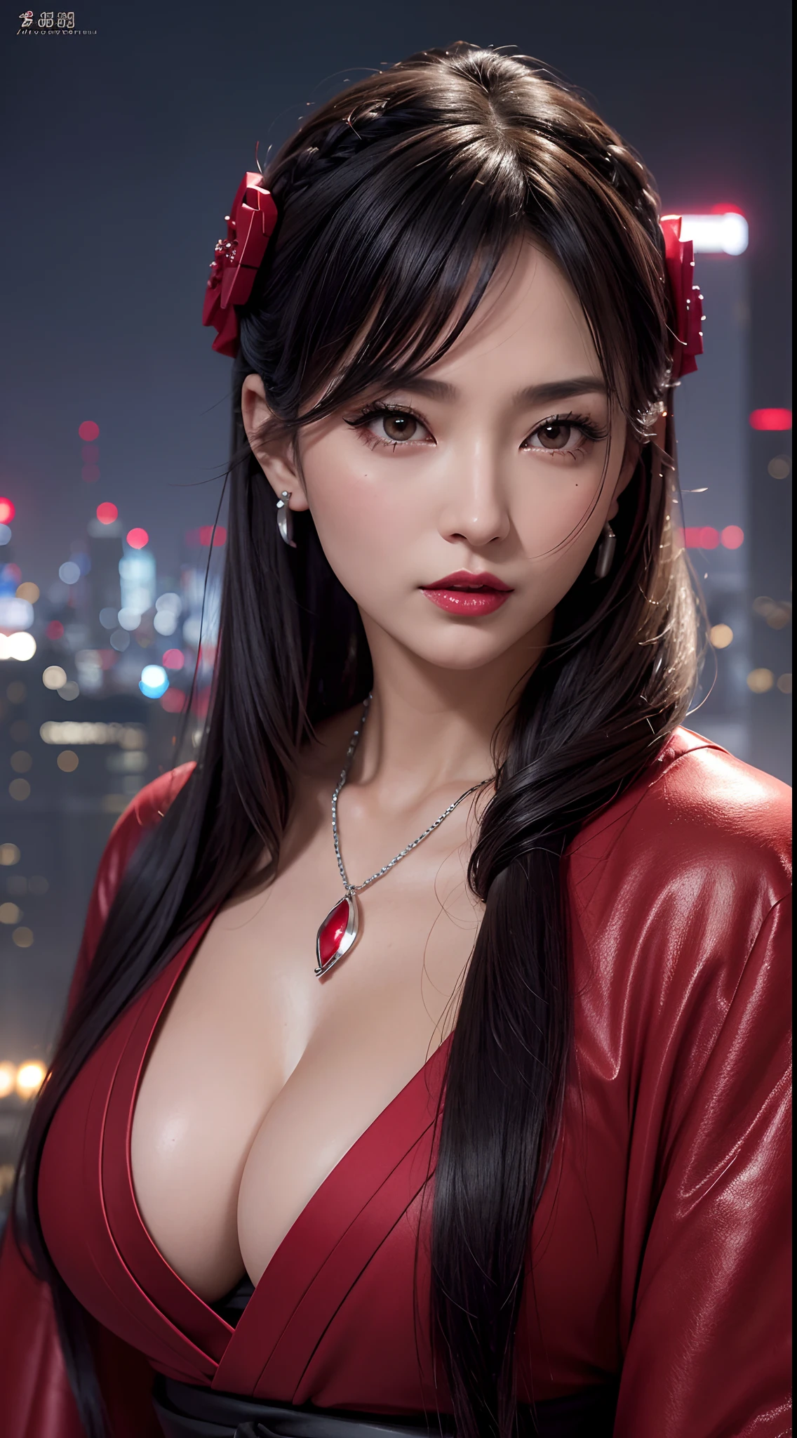 (hyper realstic)、Modern kunoichi、(Female Ninja of the 21st Century)、Beautie high-level image quality hight resolution (Realistic) Shorthair、Woman with dark hair、A MILF、Middle-aged woman、Big big、Detailed red-black 、detailed skin textures、超A high resolution、Realistic、Voluptuous body shape、angry looking face、Middle-aged beauty、Beautiful expression、With detailed red-black areola 、detailed brown eyes、long fluffy hair、Kamimei、Very delicate and detailed skin texture、35 years old、{There is a helipad at night((Being on the roof of a skyscraper))}、Modern kunoichi、Large cleavage、Large open neckline、bright red lips、Wearing a luxurious and luxurious ninja kimono in Gun Metallic、ear ornament、Silver collar and necklace、gorgeous hair decoration、