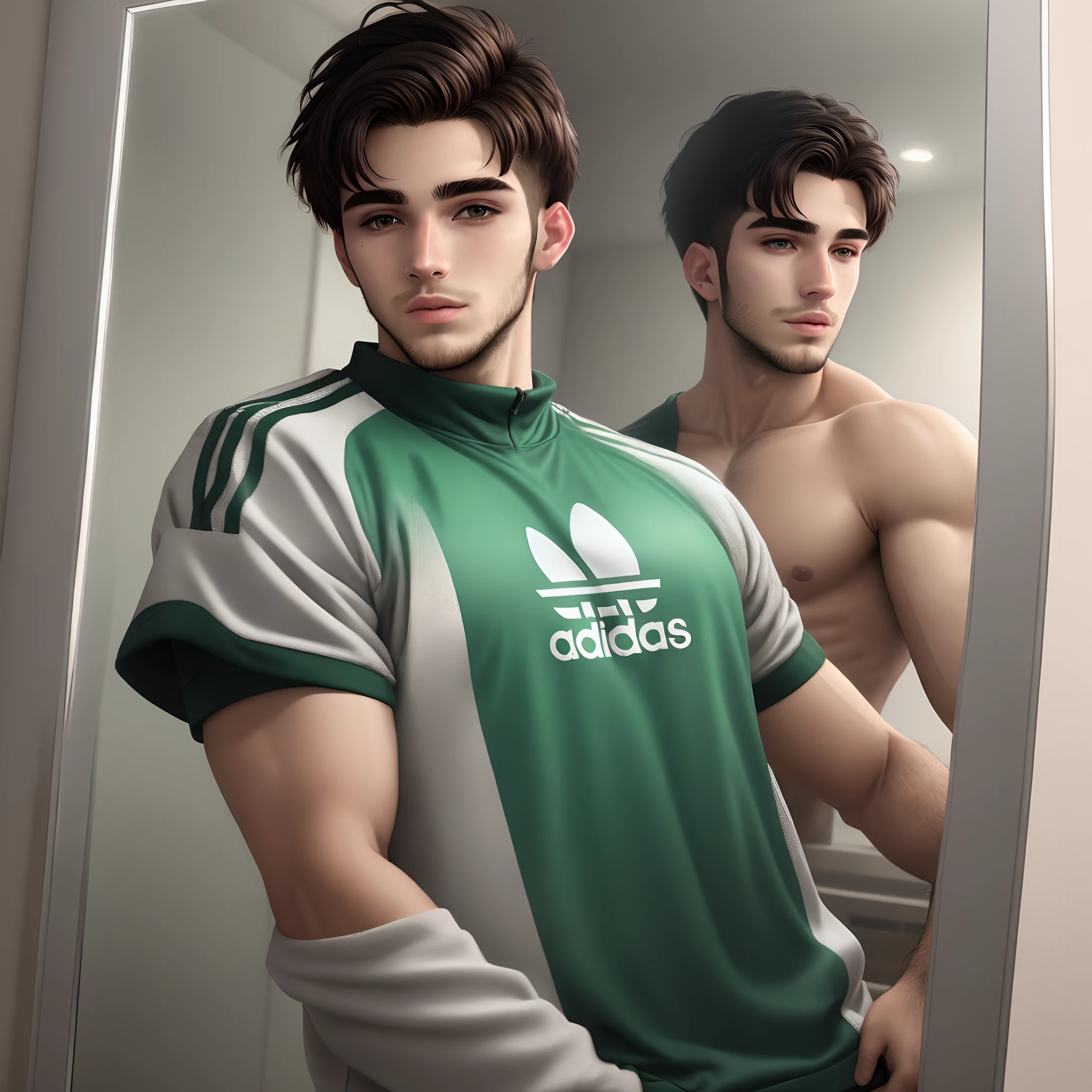 Homem 22 anos, olhos verdes, barba rala, pele branca, slightly fleshy lips, cabelo com reflexo loiro, malhado, usando roupa da Adidas , gradient cut hair