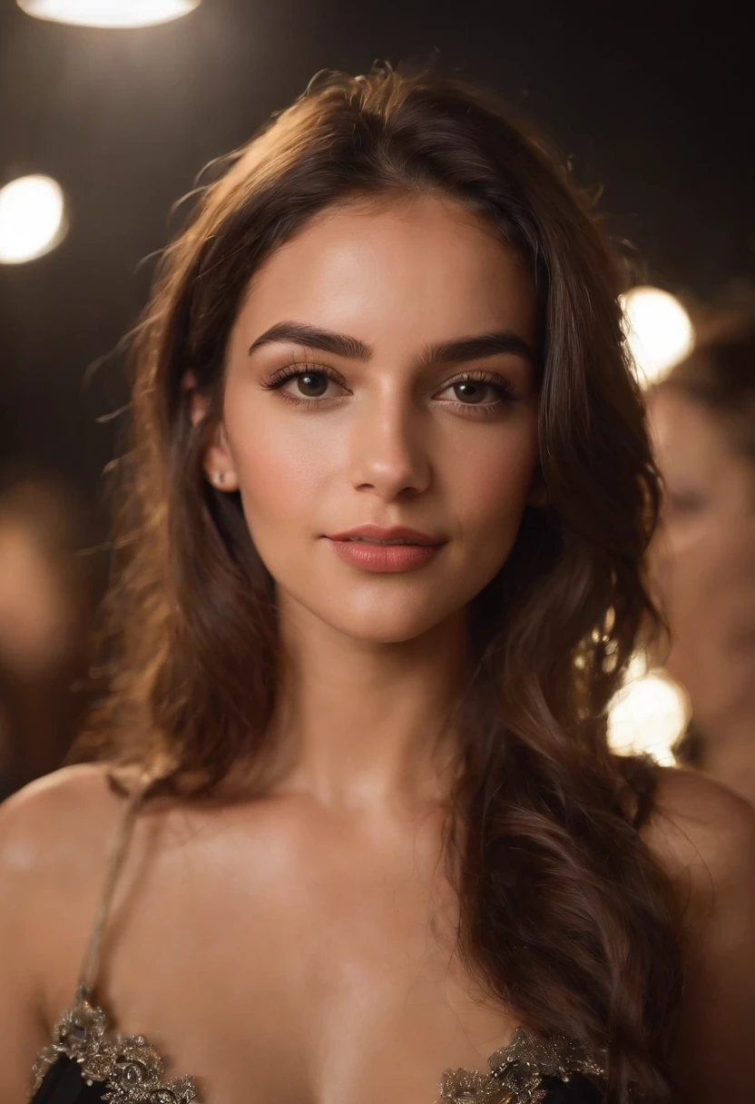 hermosa chica latina, 20 years old, desnudo, pechos regulares y cara hermosa, smailing y divertido, cabello rizado, Full body in a night club, fotorrealista, cinematographic image, ultra realistic