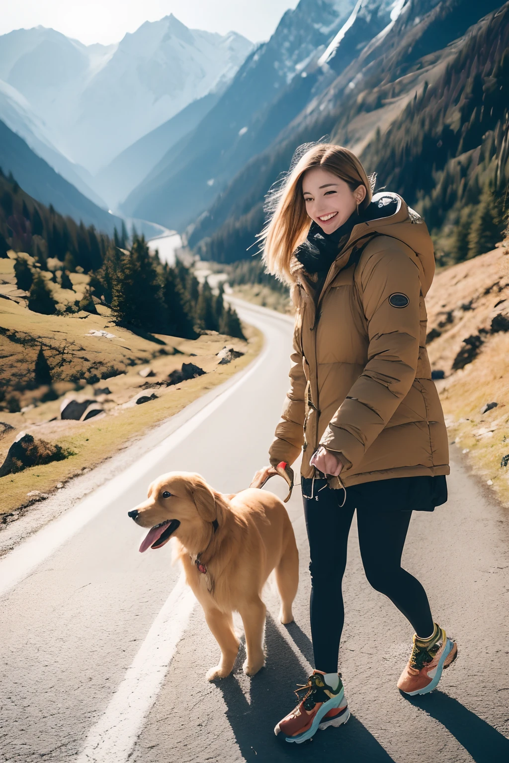 25 year-old girl, Clear facial features, Happy and a golden retriever, Walk on mountain trails, There was snow on the road.
