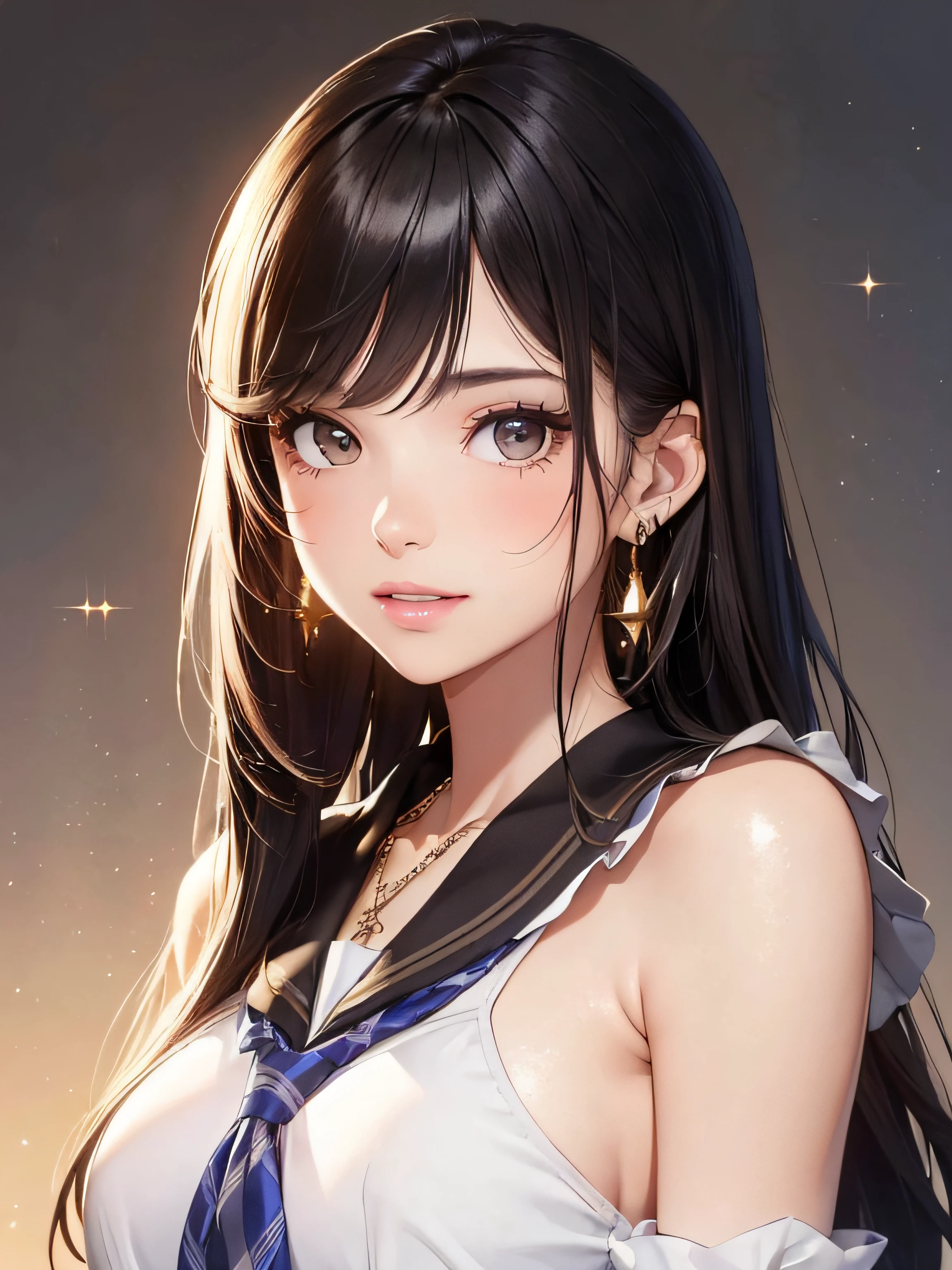 (One upper body photo), Beatiful face, Highly detailed face and skin texture, (Detailed eyes), Brown eyes, Double eyelids, Fine eyebrows, Glitter eyeliner: 1.2, Natural cheeks, Glowing skin, Fair skin, (((with schoolgirl costume))), Glitter necklace and earrings, (Glossy lips: 1. 4), (Seductive smile), (20 years old), (Wavy hair, Diagonal bangs), Medium long hair, ((Upper body shot)), ((Focus on chest and face)), Medium large breasts, Upturned Breasts.