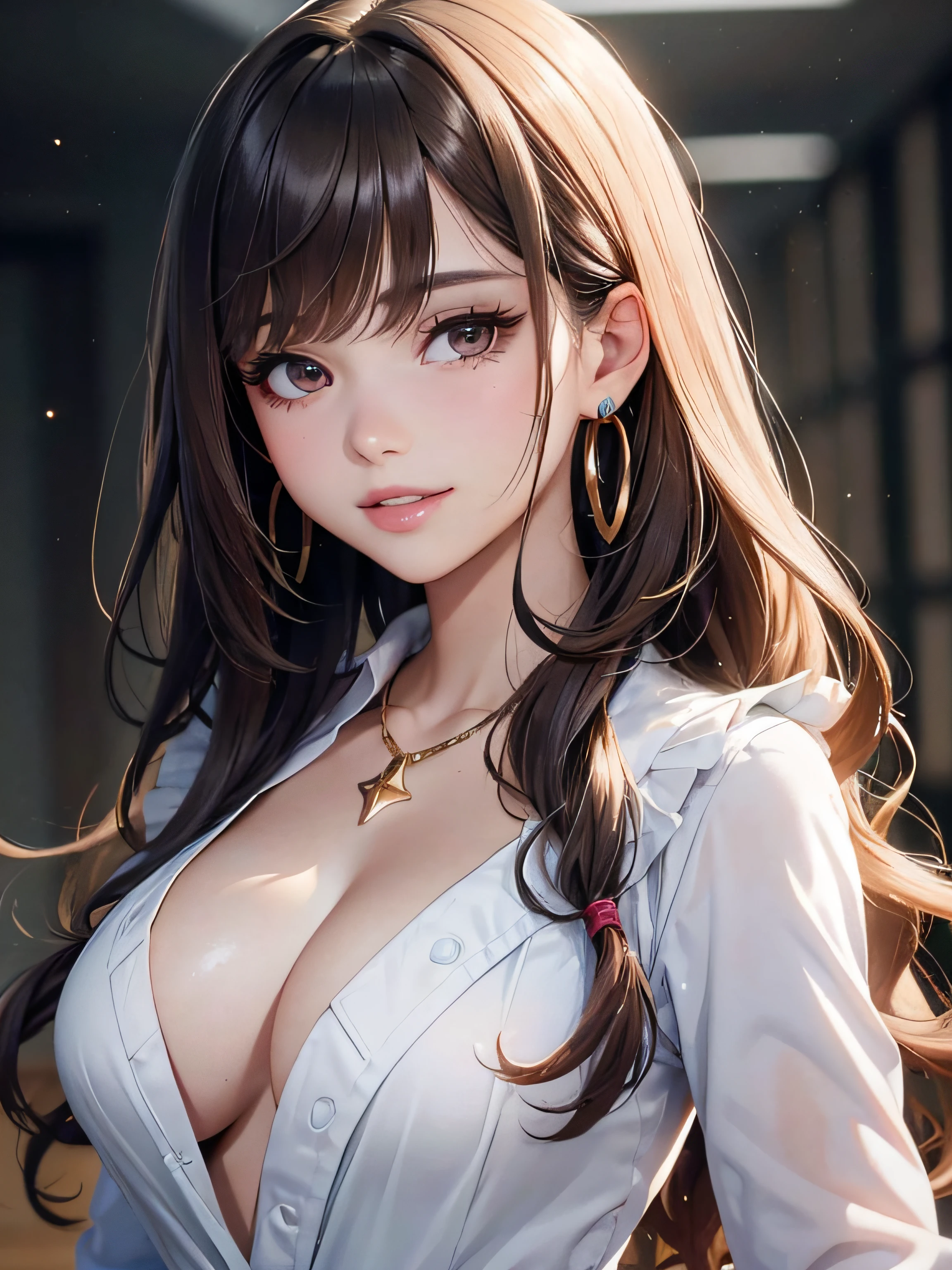 (One upper body photo), Beatiful face, Highly detailed face and skin texture, (Detailed eyes), Brown eyes, Double eyelids, Fine eyebrows, Glitter eyeliner: 1.2, Natural cheeks, Glowing skin, Fair skin, (((with schoolgirl costume))), Glitter necklace and earrings, (Glossy lips: 1. 4), (Seductive smile), (20 years old), (Wavy hair, Diagonal bangs), Medium long hair, ((Upper body shot)), ((Focus on chest and face)), Medium large breasts, Upturned Breasts.