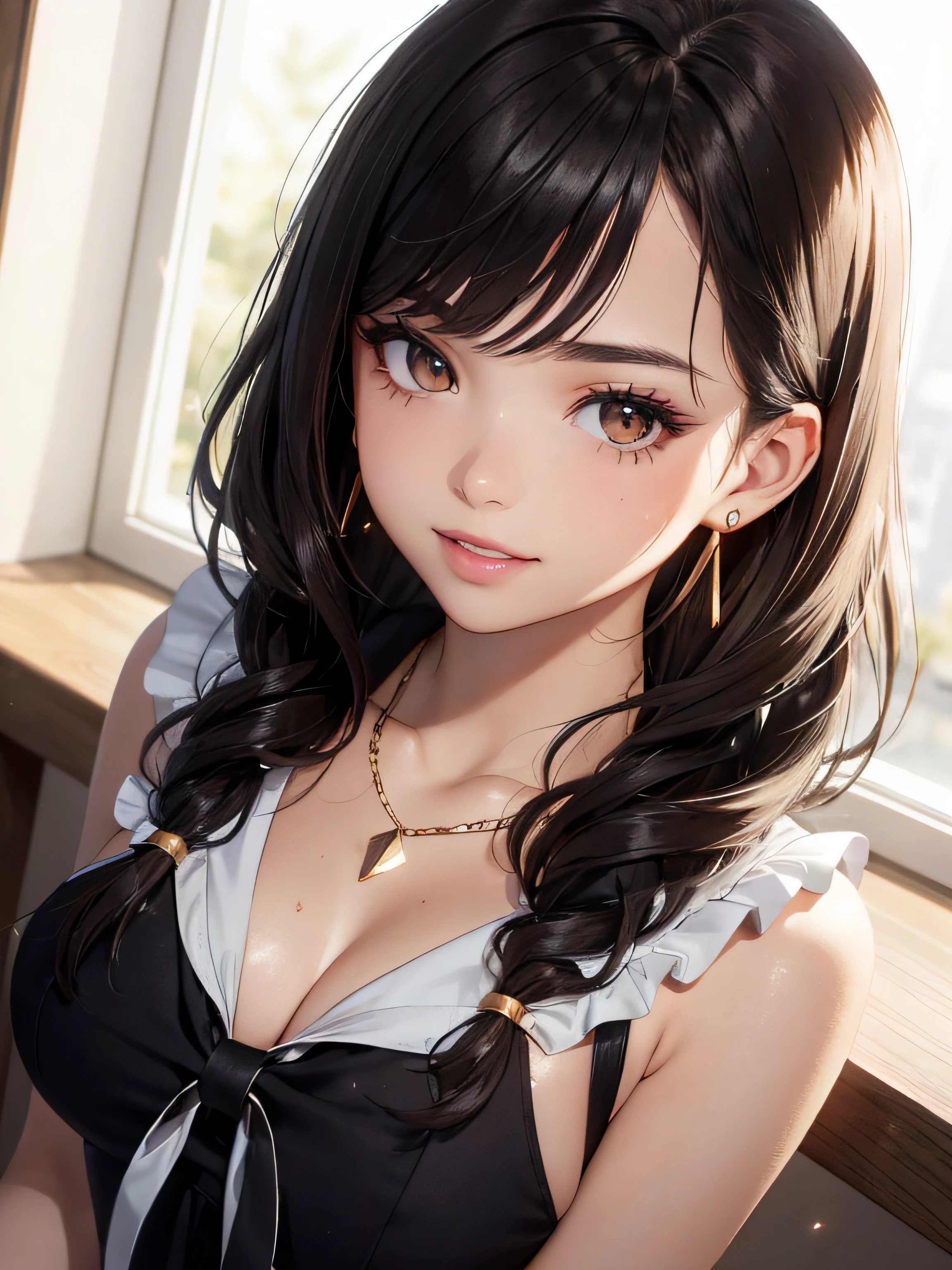 (One upper body photo), Beatiful face, Highly detailed face and skin texture, (Detailed eyes), Brown eyes, Double eyelids, Fine eyebrows, Glitter eyeliner: 1.2, Natural cheeks, Glowing skin, Fair skin, (((with schoolgirl costume))), Glitter necklace and earrings, (Glossy lips: 1. 4), (Seductive smile), (20 years old), (Wavy hair, Diagonal bangs), Medium long hair, ((Upper body shot)), ((Focus on chest and face)), Medium large breasts, Upturned Breasts.