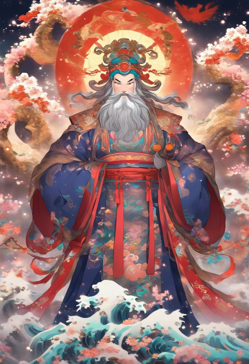 (((PANGU))) best quality, ultra-high resolution, 4K detailed CG, masterpiece, The Cosmic God, bearded,Chinese clothing, Chinese mythology, ((STANDING POSE)),Chinese painting style, Shui Mo Hua, Thangka Style, aesthetic, screen-centered