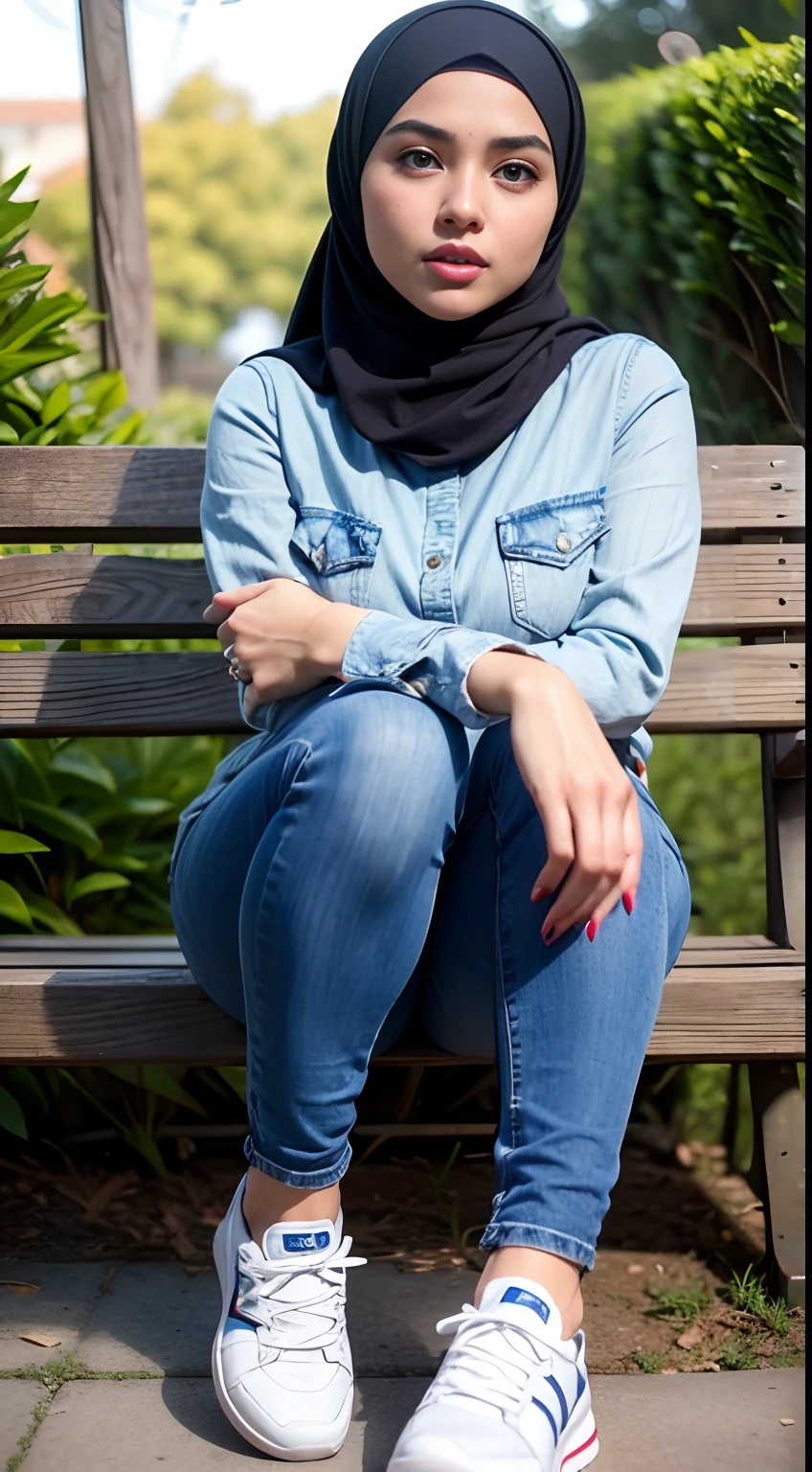 RAW, Best quality, high resolution, Masterpiece: 1.3), Beautiful Malay woman in hijab, Masterpiece, Perfect slim body, ((Big breasts)), Beautiful big eyes, watery eyes, Soft smile, wet lips,(Top Quality, 4k, Masterpiece: 1.3), Beautiful Woman, Woman 1, Dark Brown Hair: 1.1, Ultra-Detailed Face, Detailed Lips, Detailed Eyes, Double Eyelids, ((Full Body: 1.2)), Everyday Wear, Outdoor, Denim, Shirt, ((Sneakers))