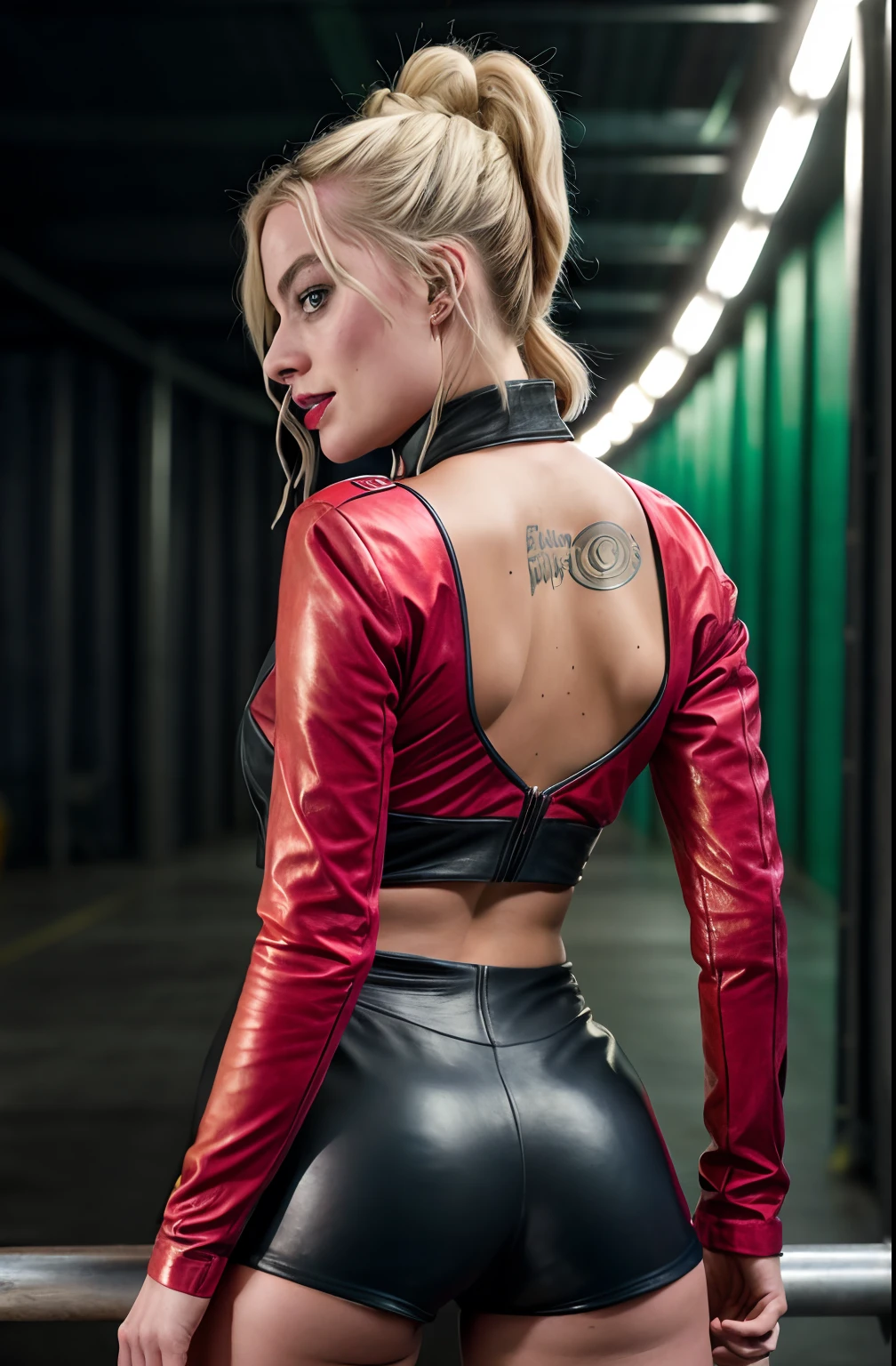 Margot Robbie as Harley Quinn, Full leather fit, Futuristic warehouse filled with neon red and green background, superréaliste, Hyperrealistic, detailded, affiche de film, realistic skin, Fujifilm XT3, High-resolution image quality, photo shoot (peau: 0,8, taupes: 0,05), (very detailed skin), Leaning Margotrobbie, fesses