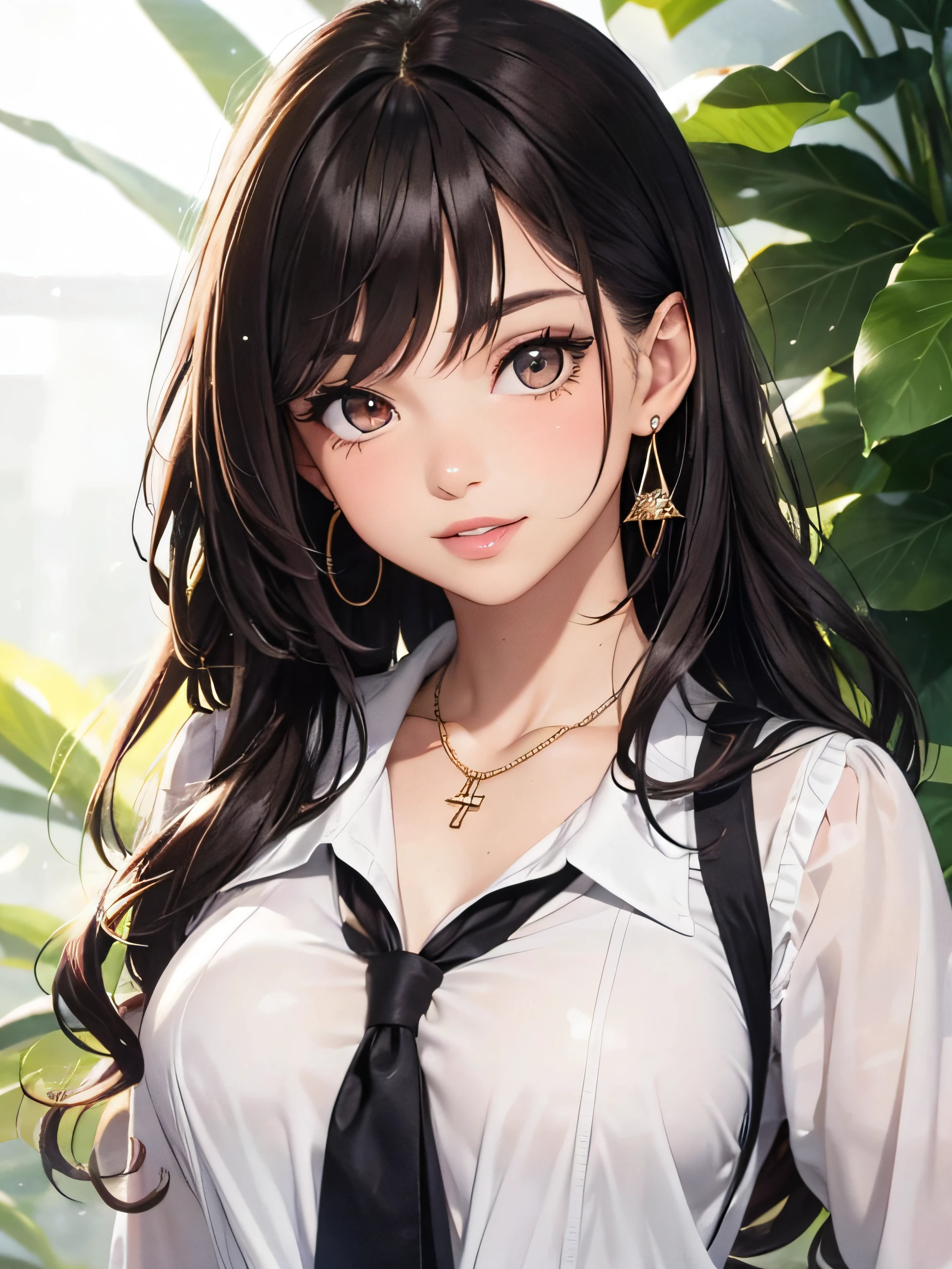 (One upper body photo), Beatiful face, Highly detailed face and skin texture, (Detailed eyes), Brown eyes, Double eyelids, Fine eyebrows, Glitter eyeliner: 1.2, Natural cheeks, Glowing skin, Fair skin, (((with schoolgirl costume))), Glitter necklace and earrings, (Glossy lips: 1. 4), (Seductive smile), (20 years old), (Wavy hair, Diagonal bangs), Medium long hair, ((Upper body shot)), ((Focus on chest and face)), Medium large breasts, Upturned Breasts.