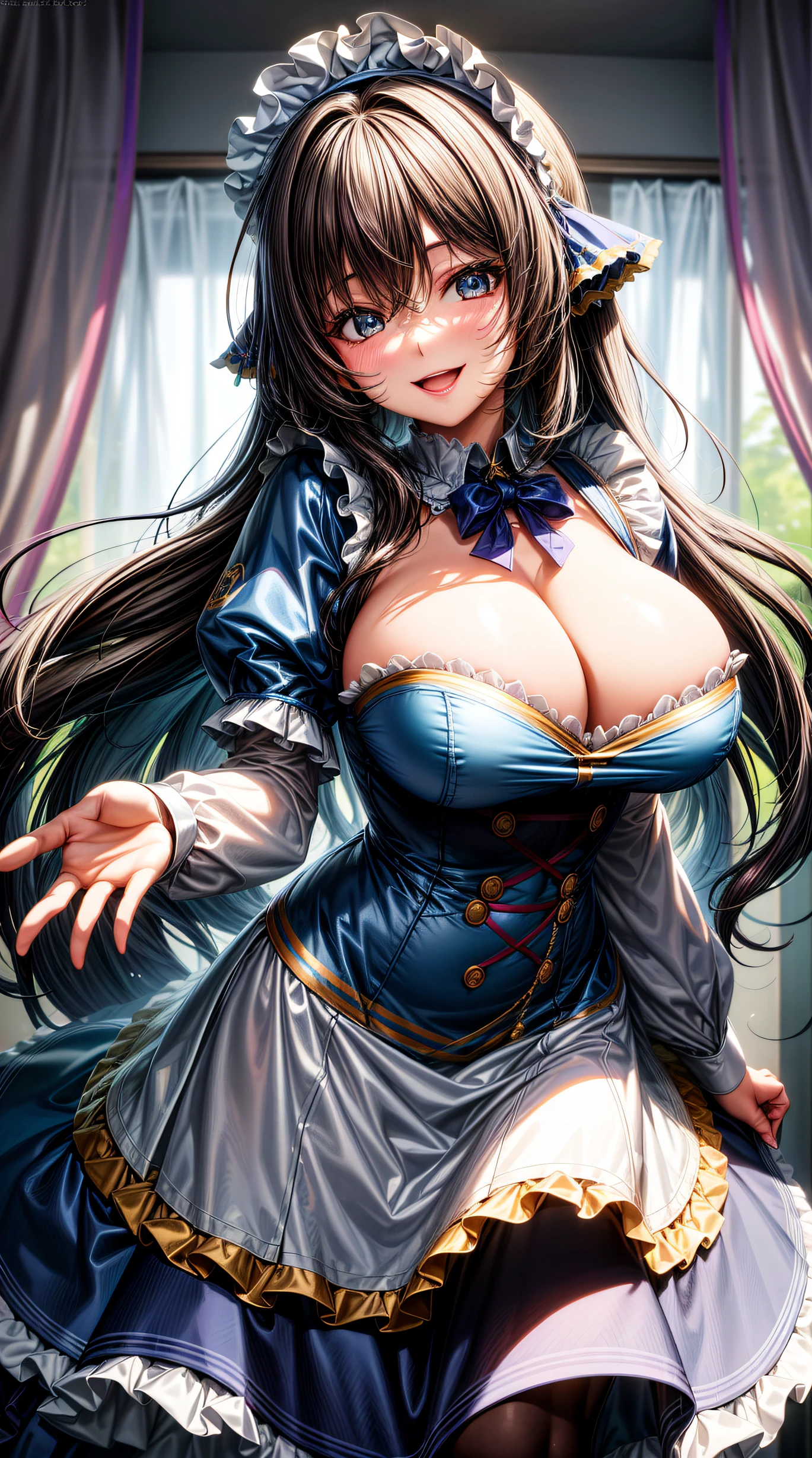 (close shot, best quality:1.5, highres, UHD, 4K, detailed lighting, shaders), blue wavy hair, large breasts,multicolor maid cafe clothes, (pov), smiling, standing, white background