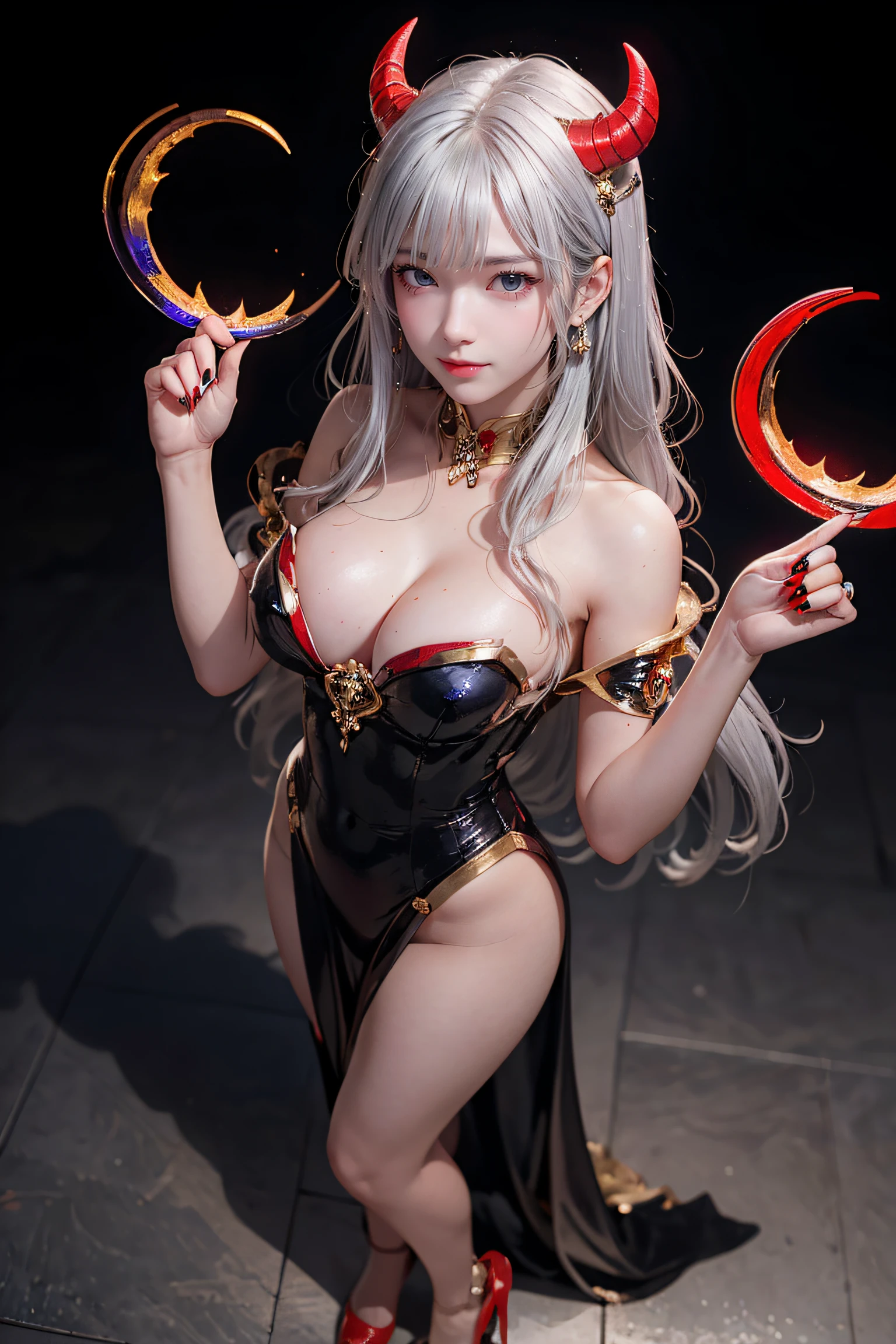 masterpiece, top-quality, top-quality, Beautifully Aesthetic:1.2, 1girl, Halloween night, ((Wearing a Blue with Silver and Gold classy devil costume)), high detailed, ((Red eyes:1.8)), (Standing with claw pose:1.1), large breasts, firm breast, nicely shaped breasts, slender figure, 
((Gray hair, Red colored inner hair)), wavy hair, (medium long hair:1.2), (asymmetrical bangs:1.2),
in the Halloween party venue at late night, (Full body shot:1.1), From above,