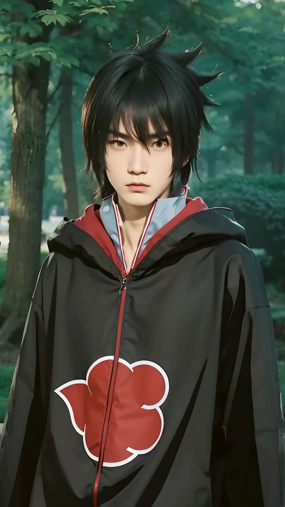 Real life adaption of this character, Korean  handsome man face, angry expression, ((realistic same hair)),((realistic same outfit with Akatsuki logo)) , hyper realistic, realistic light, realistic shadow, realism,(photorealistic:1.2), looking to viewer