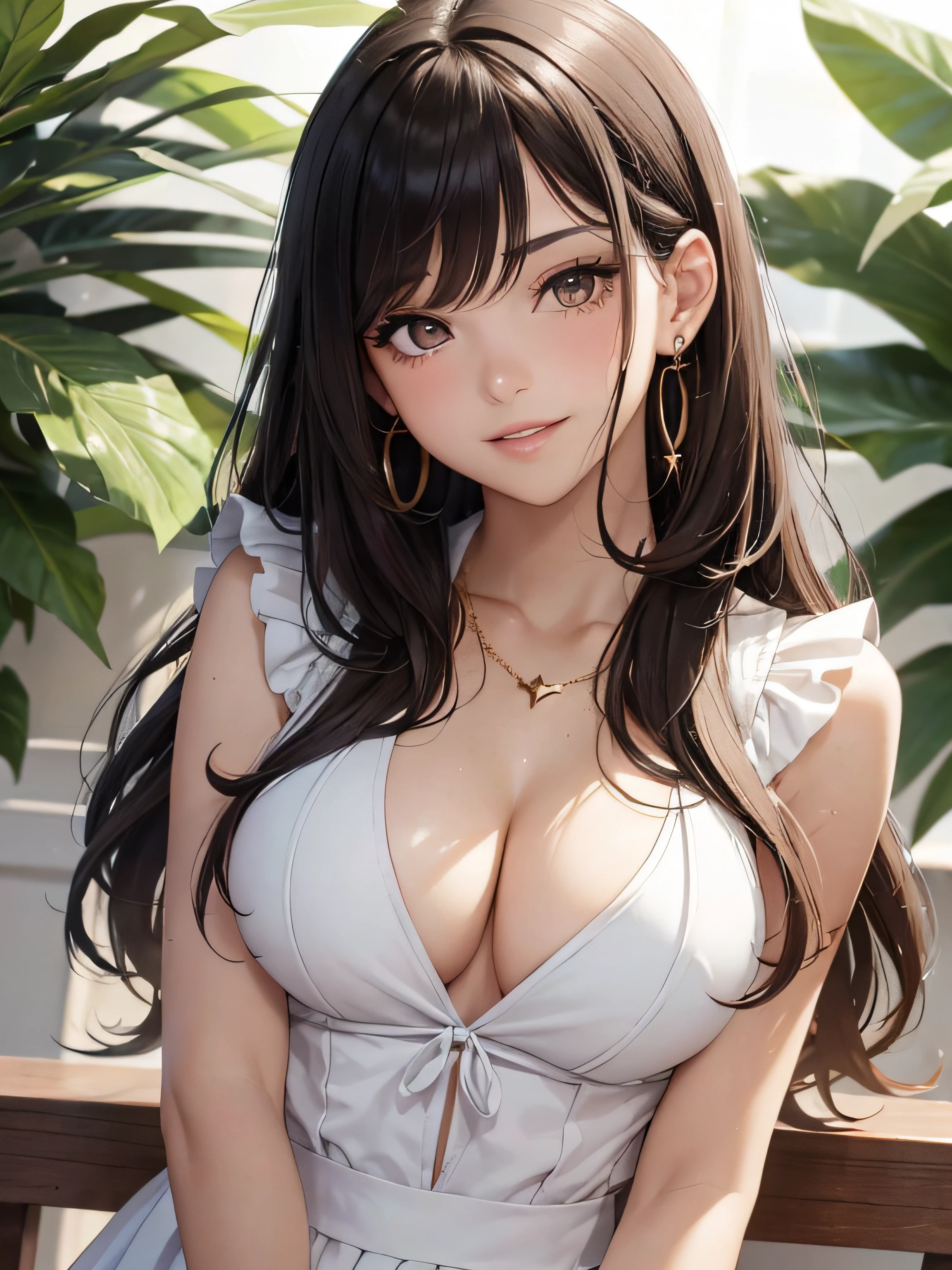 (One upper body photo), Beatiful face, Highly detailed face and skin texture, (Detailed eyes), Brown eyes, Double eyelids, Fine eyebrows, Glitter eyeliner: 1.2, Natural cheeks, Glowing skin, Fair skin, (((with schoolgirl costume))), Glitter necklace and earrings, (Glossy lips: 1. 4), (Seductive smile), (20 years old), (Wavy hair, Diagonal bangs), Medium long hair, ((Upper body shot)), ((Focus on chest and face)), Medium large breasts, Upturned Breasts.