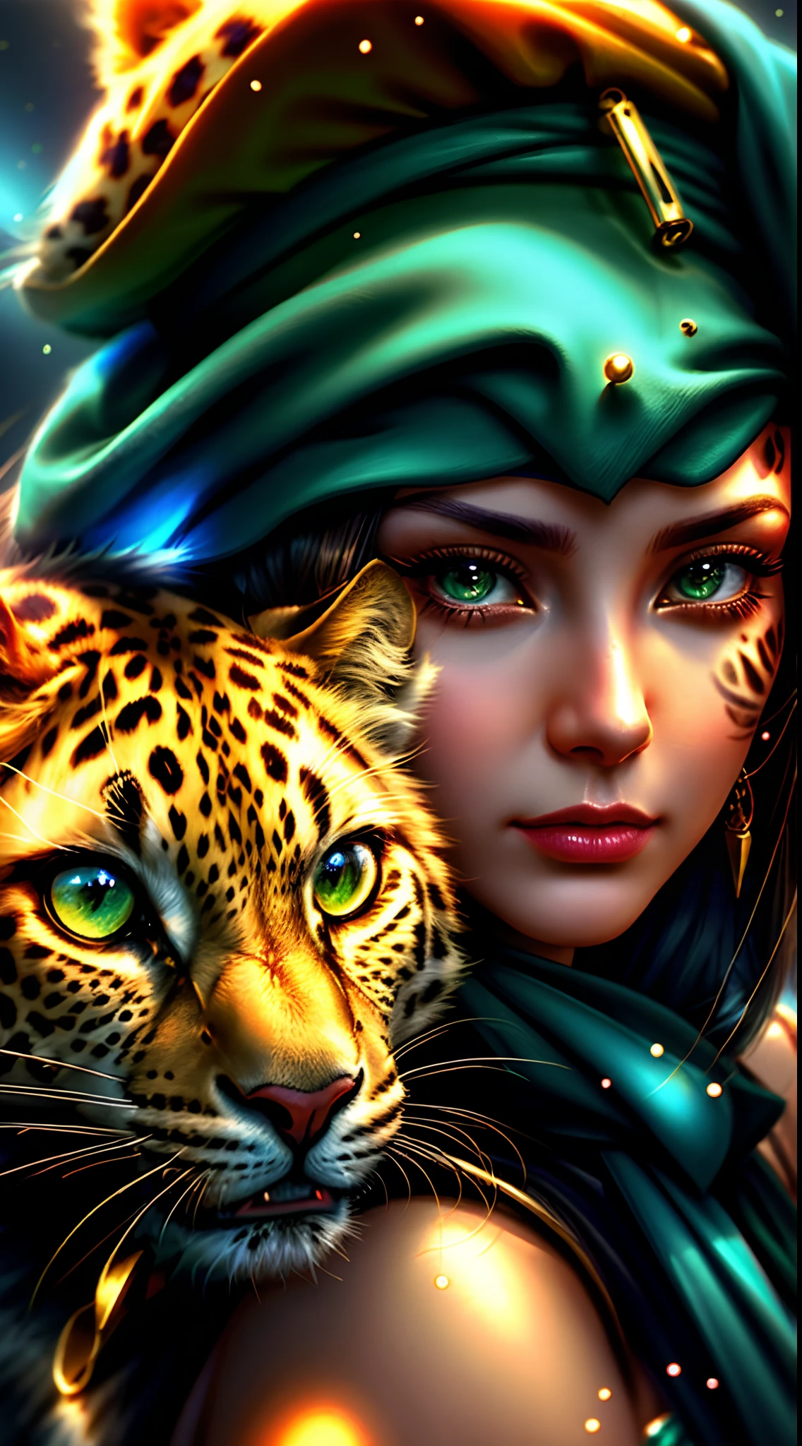 Araffe with a leopard on his shoulder and a woman with a hat, karol bak uhd, arte de fantasia realista, arte de fantasia digital em alta, 8k arte detalhada de alta qualidade, personagem de fantasia hiperdetalhado, Arte digital altamente detalhada em 4k, arte de fantasia digital, realistic fantasy rendering, arte digital de fantasia detalhada, Arte digital realista 4K, Arte digital realista 4K