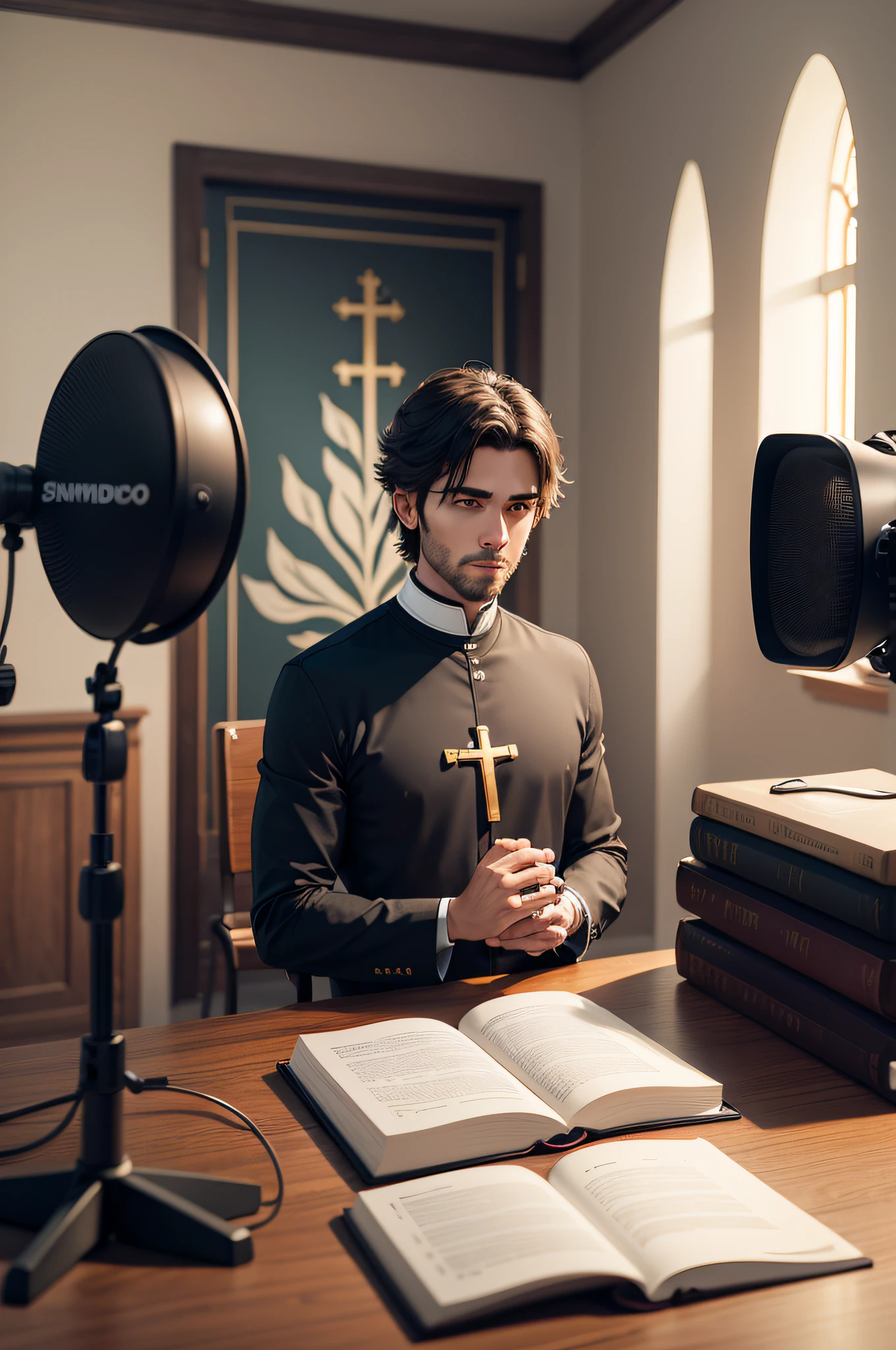 Create a Catholic Male Avatar, sentado, com um microfone de podcast,Template for YouTube Video, Podcast Setup Inside a Catholic Room, livros, imagens de santos tudo-em-4K,