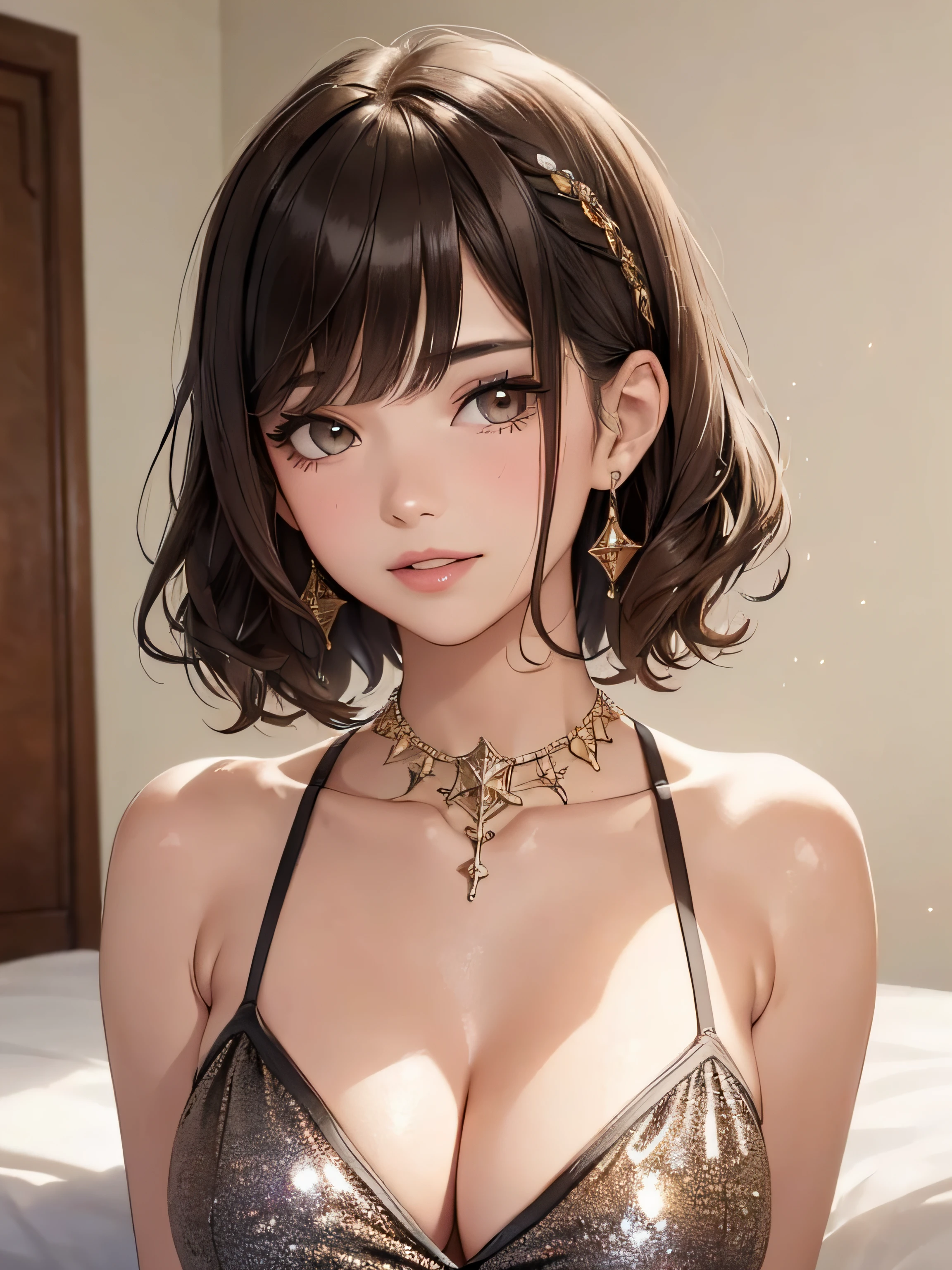 (One upper body photo), Beatiful face, Highly detailed face and skin texture, (Detailed eyes), Brown eyes, Double eyelids, Fine eyebrows, Glitter eyeliner: 1.2, Natural cheeks, Glowing skin, Fair skin, (((with schoolgirl costume))), Glitter necklace and earrings, (Glossy lips: 1. 4), (Seductive smile), (20 years old), (Wavy hair, Diagonal bangs), short hair, diadem, ((Upper body shot)), ((Focus on chest and face)), Medium large , Upturned Breasts