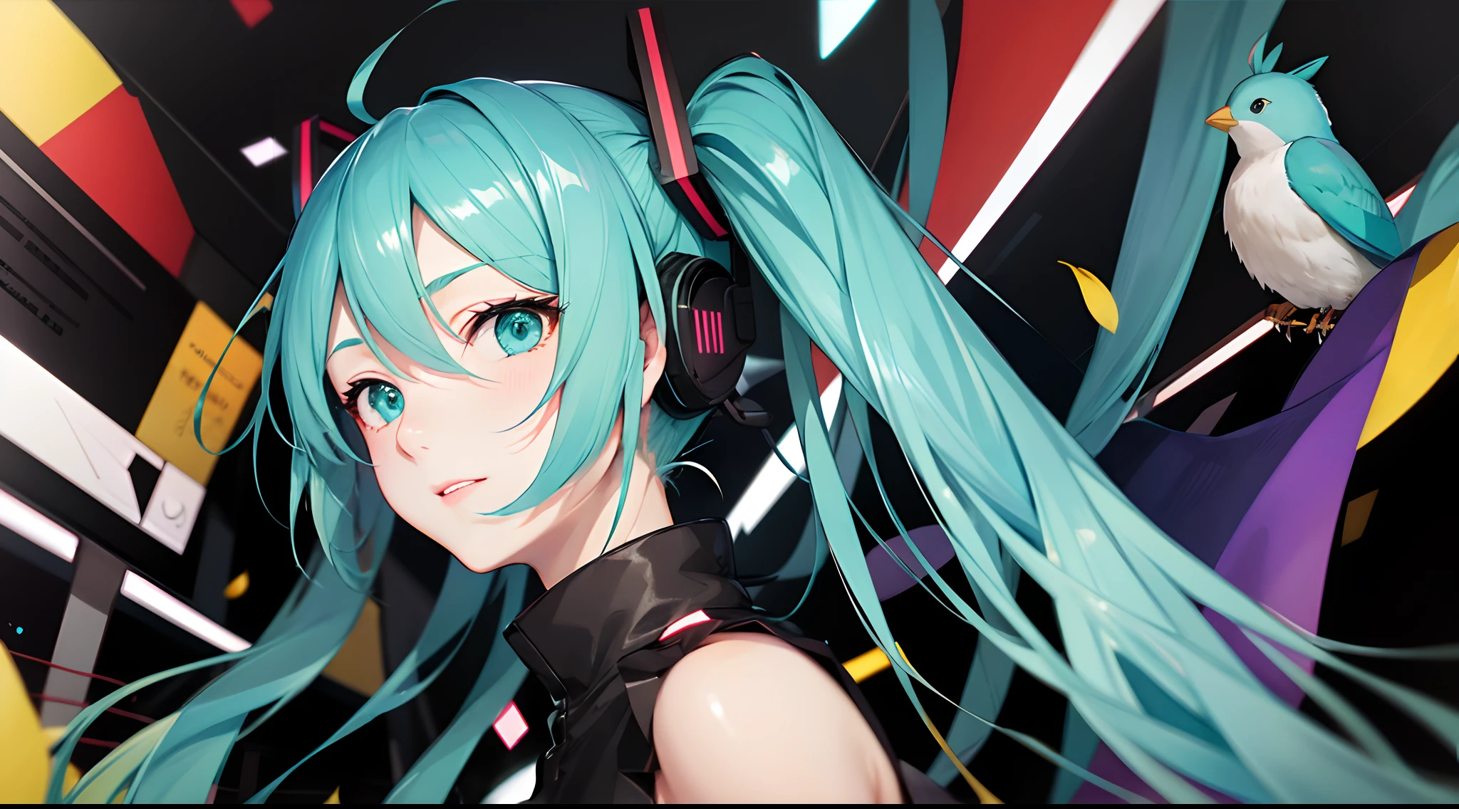 Anime girl with blue hair and a bird on her head, Portrait of Hatsune Miku, mikudayo, hatsune miku portrait, style of anime4 K, Anime girl with teal hair, Os amigos, hatsune miku face, vocaloid, 4K anime wallpaper, Hatsune Miku, Anime wallpaper 4 k, Anime wallpaper 4K, Anime art wallpaper 8k、Black hair, Do not show your hands,