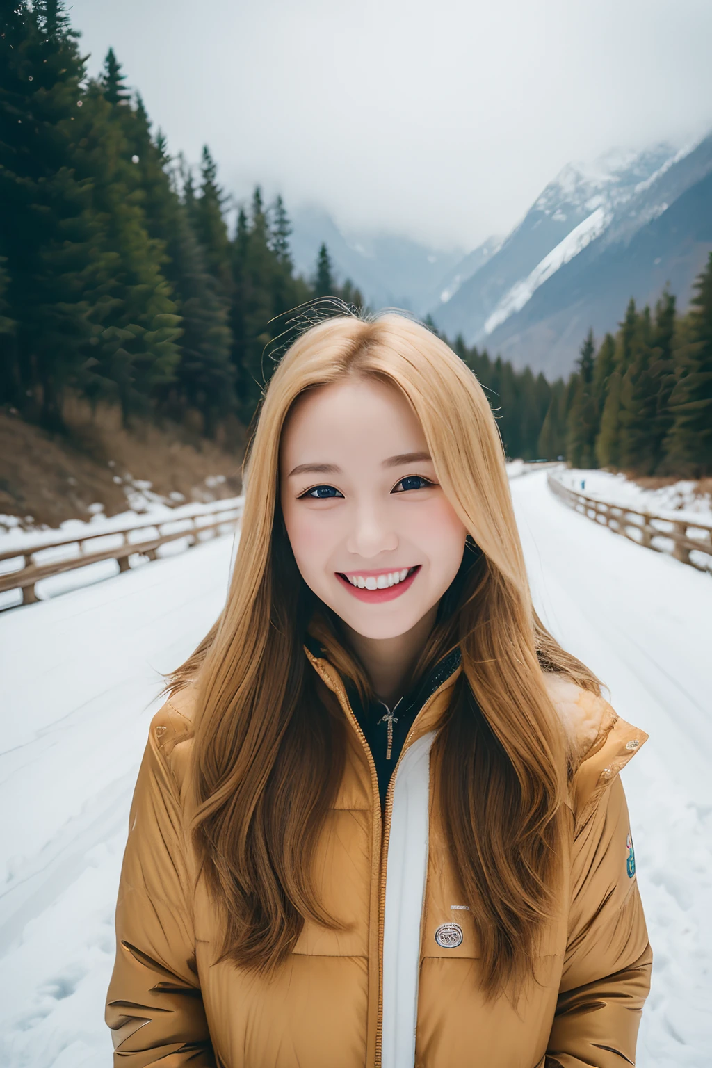 25 year-old girl, Clear facial features, close up,  Happy and a golden retriever, Walk on mountain trails, There was snow on the road.