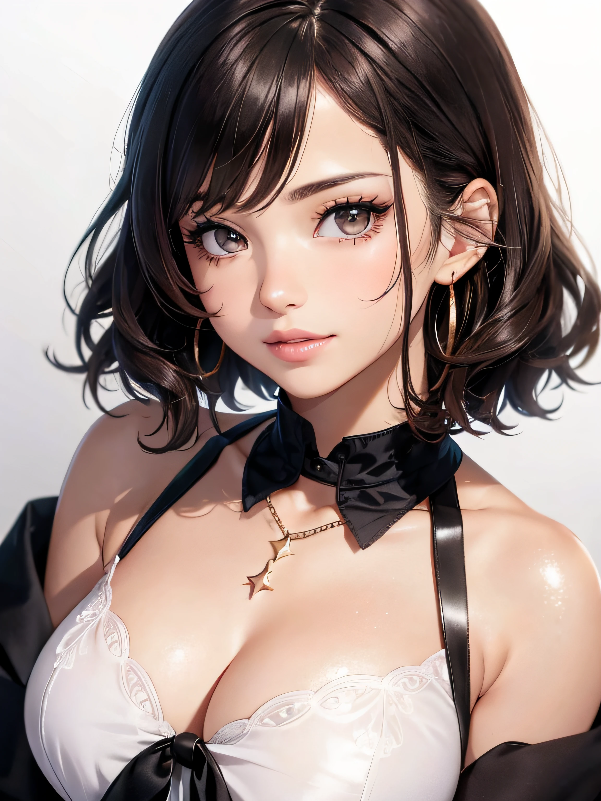 (One upper body photo), Beatiful face, Highly detailed face and skin texture, (Detailed eyes), Brown eyes, Double eyelids, Fine eyebrows, Glitter eyeliner: 1.2, Natural cheeks, Glowing skin, Fair skin, (((with schoolgirl costume))), Glitter necklace and earrings, (Glossy lips: 1. 4), (Seductive smile), (20 years old), (Wavy hair, Diagonal bangs), short hair, diadem, ((Upper body shot)), ((Focus on chest and face)), Medium large breasts, Upturned Breasts.