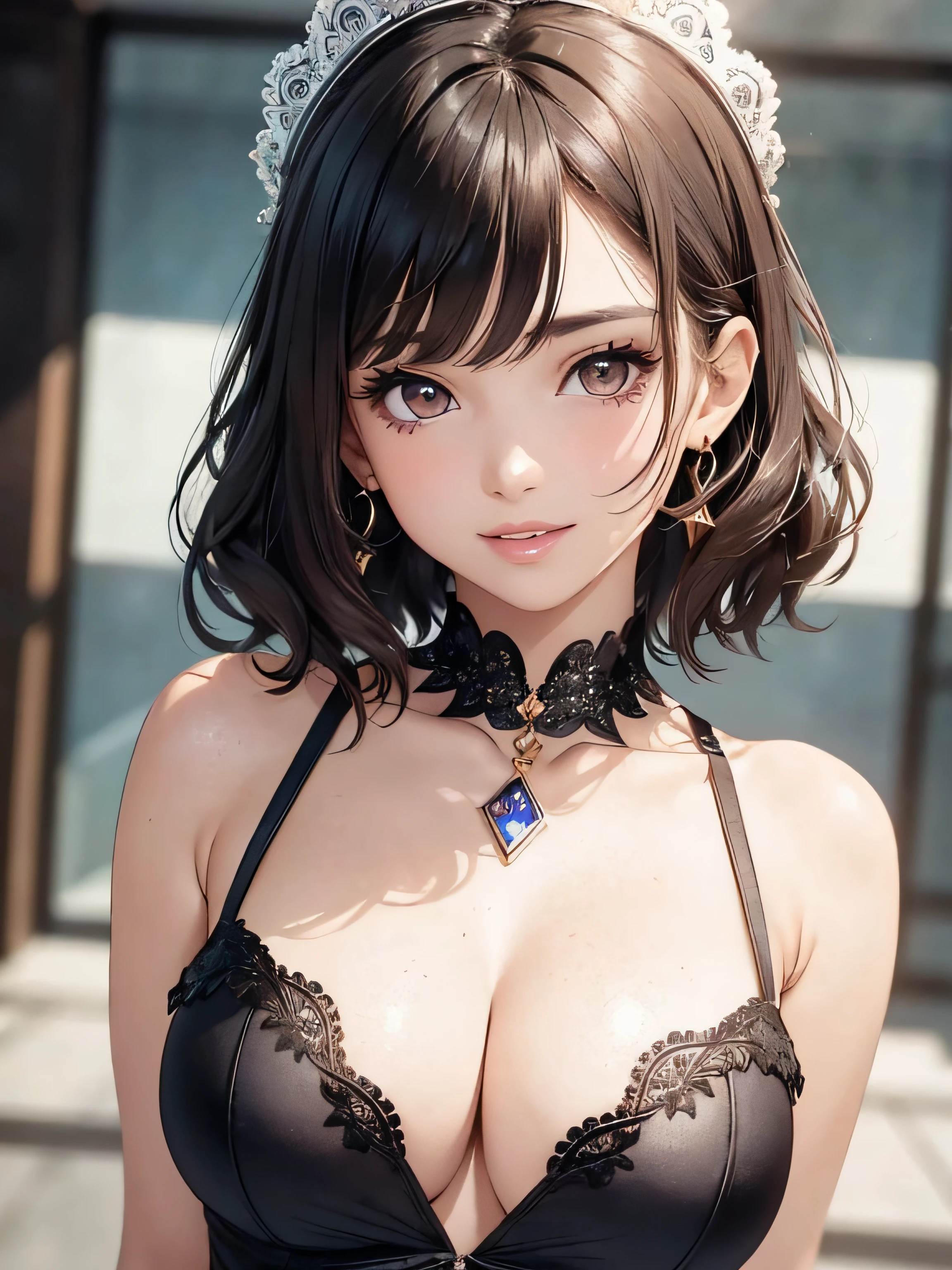 (One upper body photo), Beatiful face, Highly detailed face and skin texture, (Detailed eyes), Brown eyes, Double eyelids, Fine eyebrows, Glitter eyeliner: 1.2, Natural cheeks, Glowing skin, Fair skin, (((with schoolgirl costume))), Glitter necklace and earrings, (Glossy lips: 1. 4), (Seductive smile), (20 years old), (Wavy hair, Diagonal bangs), short hair, diadem, ((Upper body shot)), ((Focus on chest and face)), Medium large breasts, Upturned Breasts.