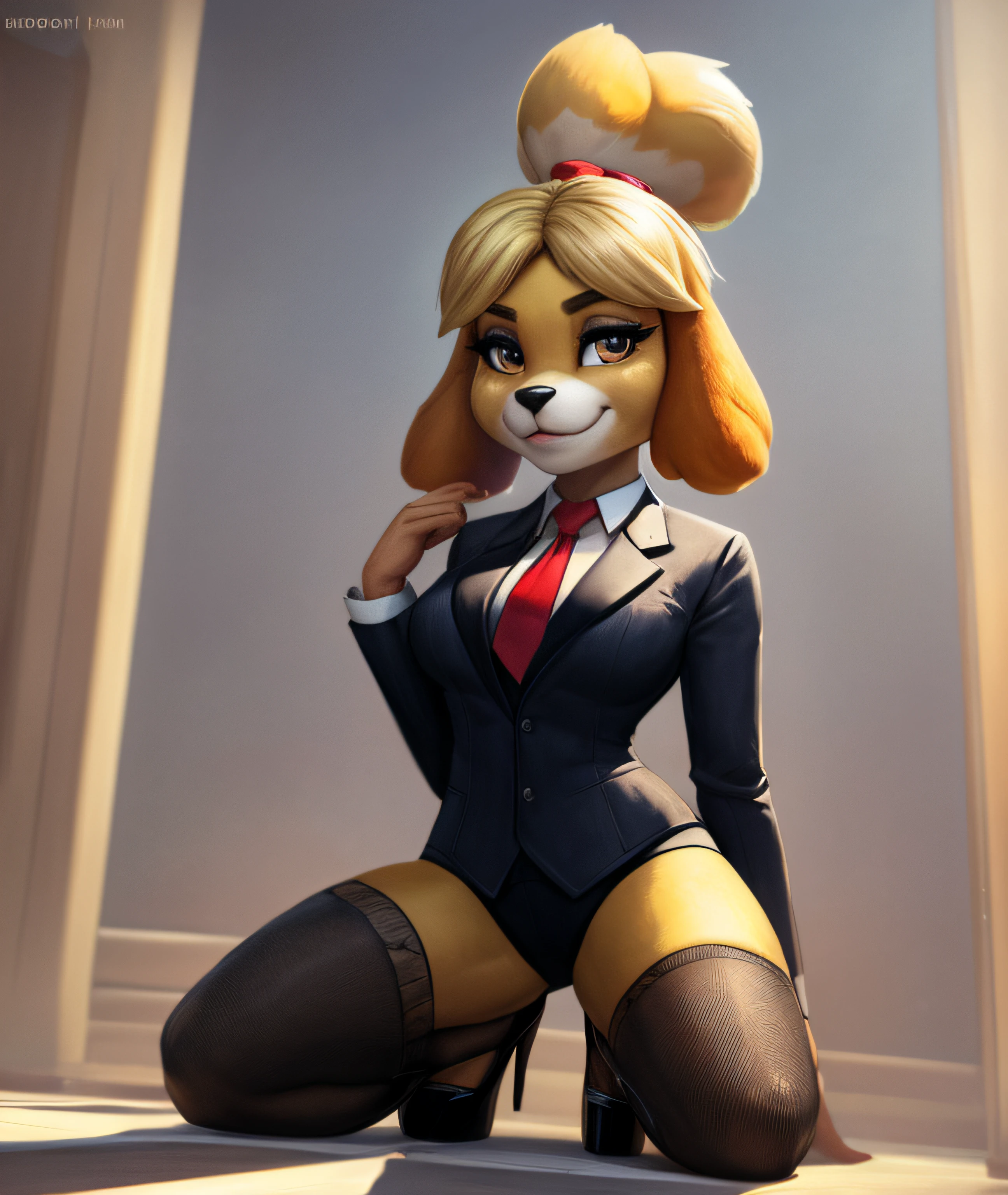 [isaCrossing], [Isabelle; Animal Crossing], [Uploaded to e621.net; (Pixelsketcher), (wamudraws)], ((masterpiece)), ((solo portrait)), ((front view)), full body view, ((furry; anthro)), ((detailed fur)), ((detailed shading)), ((beautiful render art)), {anthro; yellow fur, black nose, small brown eyebrows, short, shortstack, smug, seductive eyes, (blushing), makeup, (shiny eyeshadow), lipstick, blonde hair, (bells in hair), topknot, fluffy tail, (high heels)}, {(red ribbon), navy pinstripe skirt suit, suit and tie, ((three-piece suit)), striped necktie, waistcoat, blazer, bodycon miniskirt, kneeling, confident, boss lady, (((surrounded by close buff anthro men))), groped, cum on face, bukkake, cum on clothing, penis, gangbang, blowbang, cumshot, multiple penises, aroused, tongue out