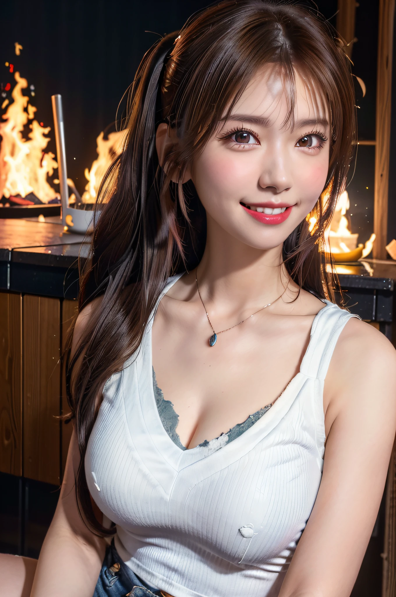 (bonfire:1.3),Lakeside night campsites,teepee,Girl sitting in front of bonfire、Add firewood,(White V-neck T-shirt with large dowels emphasizing breasts:1.3),(Torn and tattered damaged jeans:1.3),(short ponytail hair of shiny reddish brown color,,,,,,,,,,hair pin,a necklace,)(large pointed lips,red lipsticks,Cute round face,A smile that makes the viewer happy,red blush,),(The 8k quality,masutepiece,,Ultra-high resolution output image,),intricate detailes,(Highly detailed raw photos:1.3),(Image Mode Ultra HD),(Sea Art 2.0 Mode),