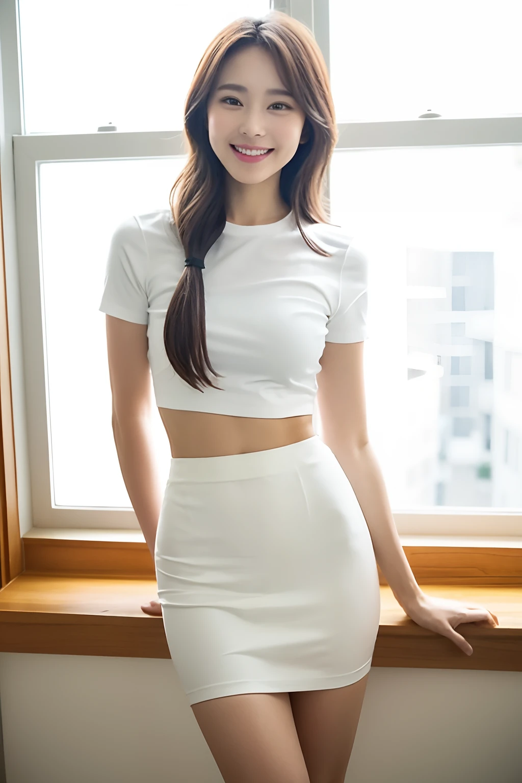 White tight shirt、White tight mini skirt、by the window、a smile、shortsleeves