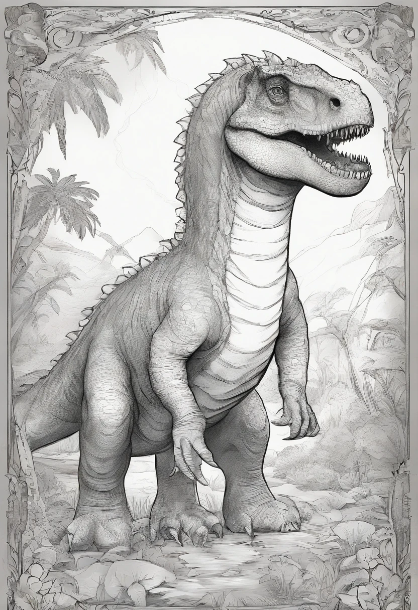 I'm going to make a coloring book for the kids, The dinosaur was a brachiosaurus, The place is jungle, Like a cartoon, low detail, The line is weak, Let me have no shadows