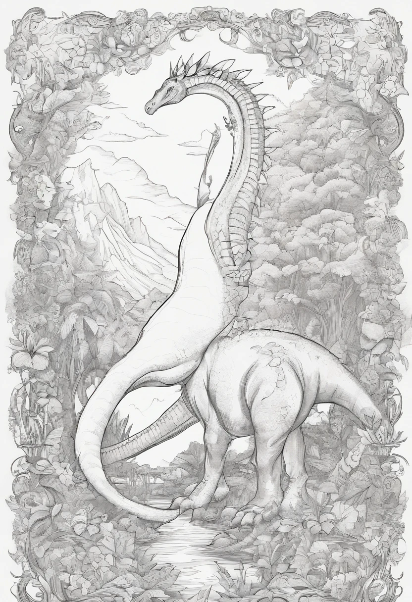 I'm going to make a coloring book for the kids, The dinosaur was a brachiosaurus, The place is jungle, Like a cartoon, low detail, The line is weak, Let me have no shadows