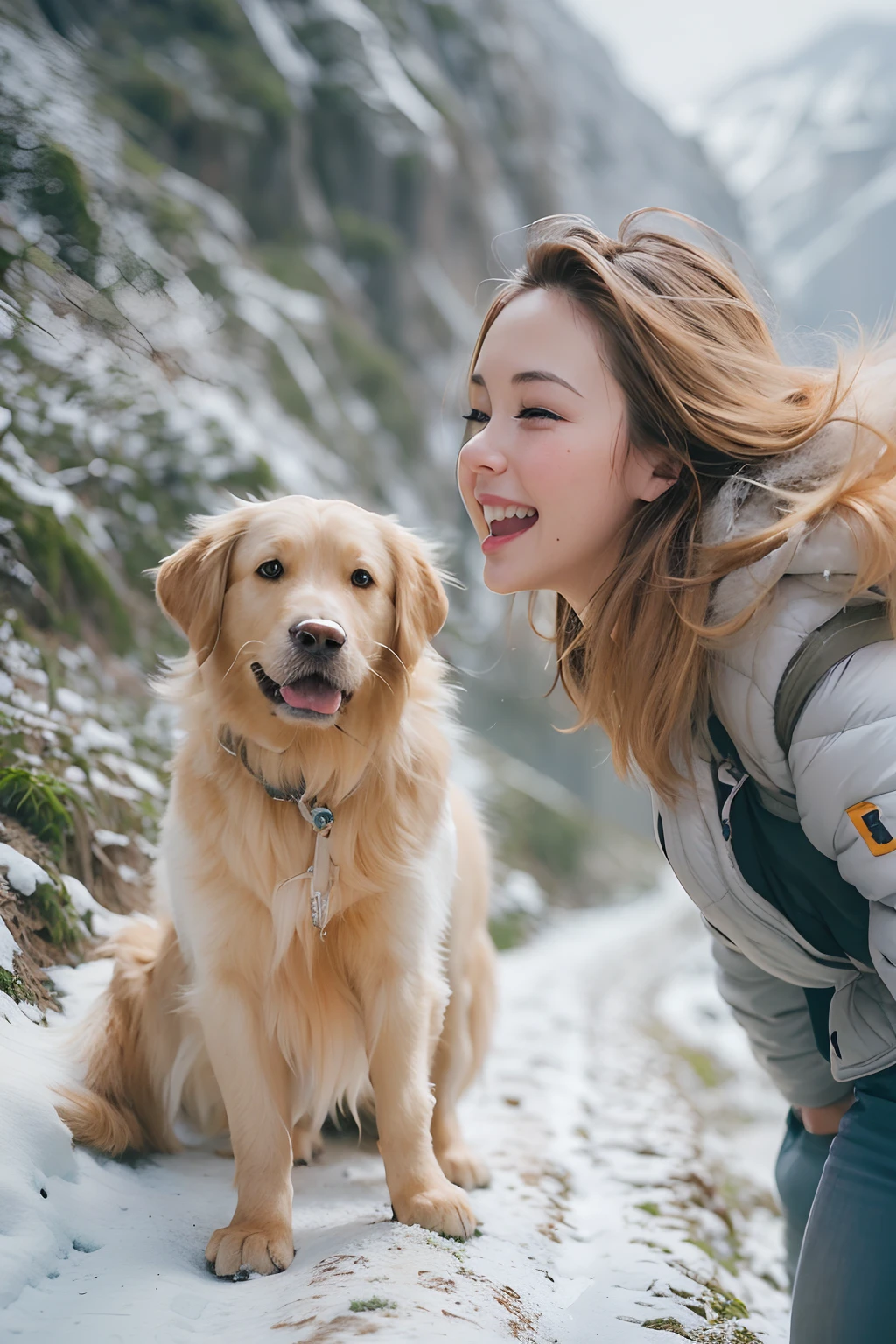 25 year-old girl, Clear facial features, close up, Happy and a golden retriever, Walk on mountain trails, There was snow on the road.