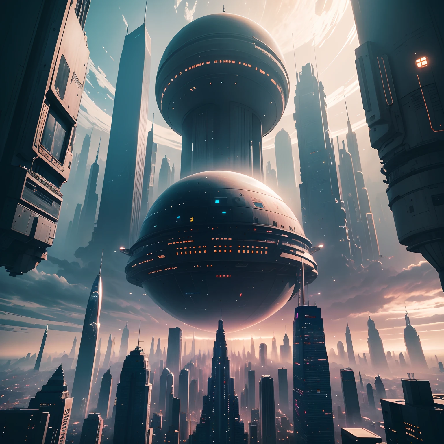 Space City、Futuristic cities、floating in the universe、cyberpunked、Skyscrapers swarm、A space station、top-quality、masterpiece、24century、dream、utopian、planet earth、World of Dreams、Fantasia、𝓡𝓸𝓶𝓪𝓷𝓽𝓲𝓬、Beautiful city、Space City、A world far beyond human creation
