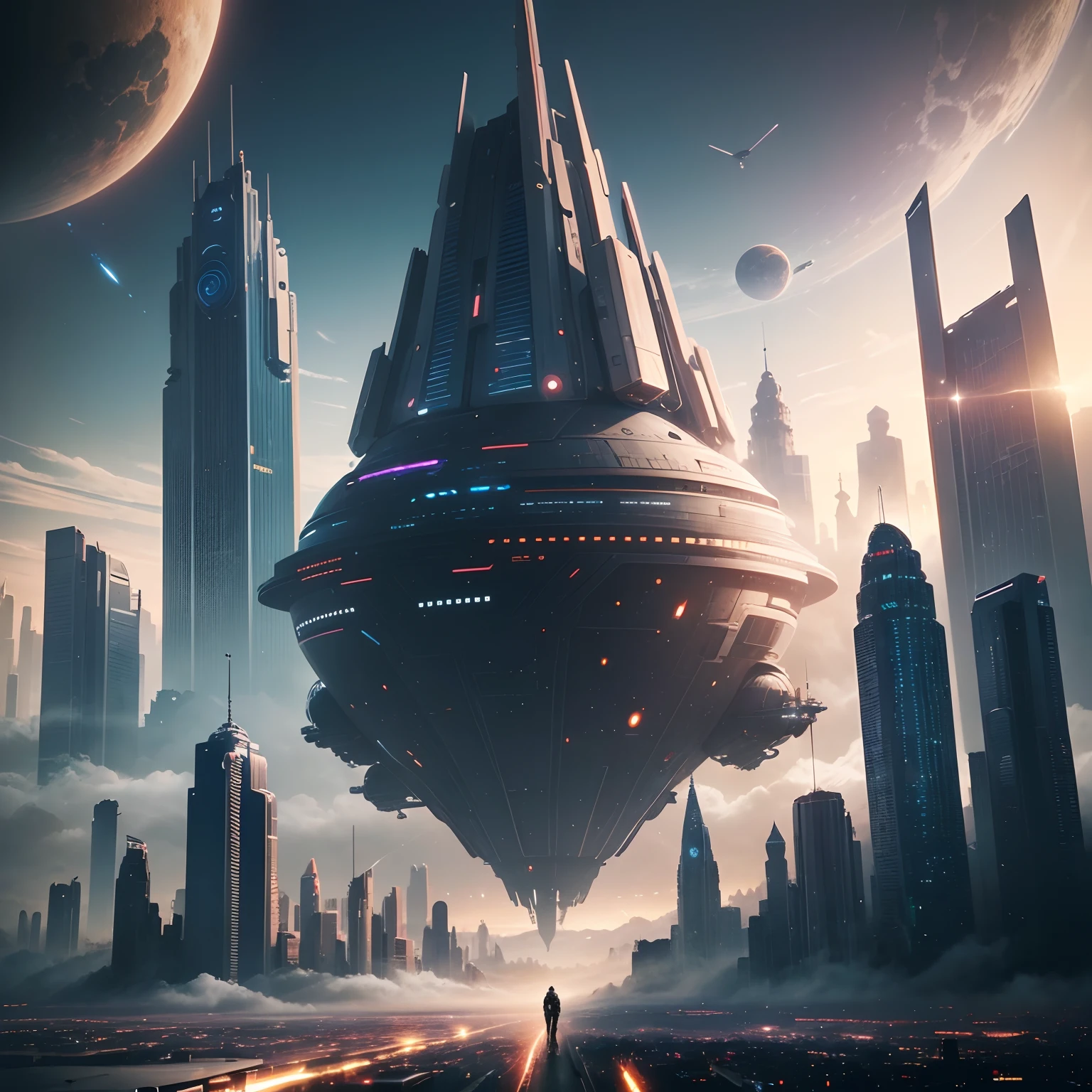 Space City、Futuristic cities、floating in the universe、cyberpunked、Skyscrapers line the streets、A space station、top-quality、masterpiece、24century、dream、utopian、planet earth、World of Dreams、Fantasia、𝓡𝓸𝓶𝓪𝓷𝓽𝓲𝓬、Beautiful city、Space City、A world far beyond human creation