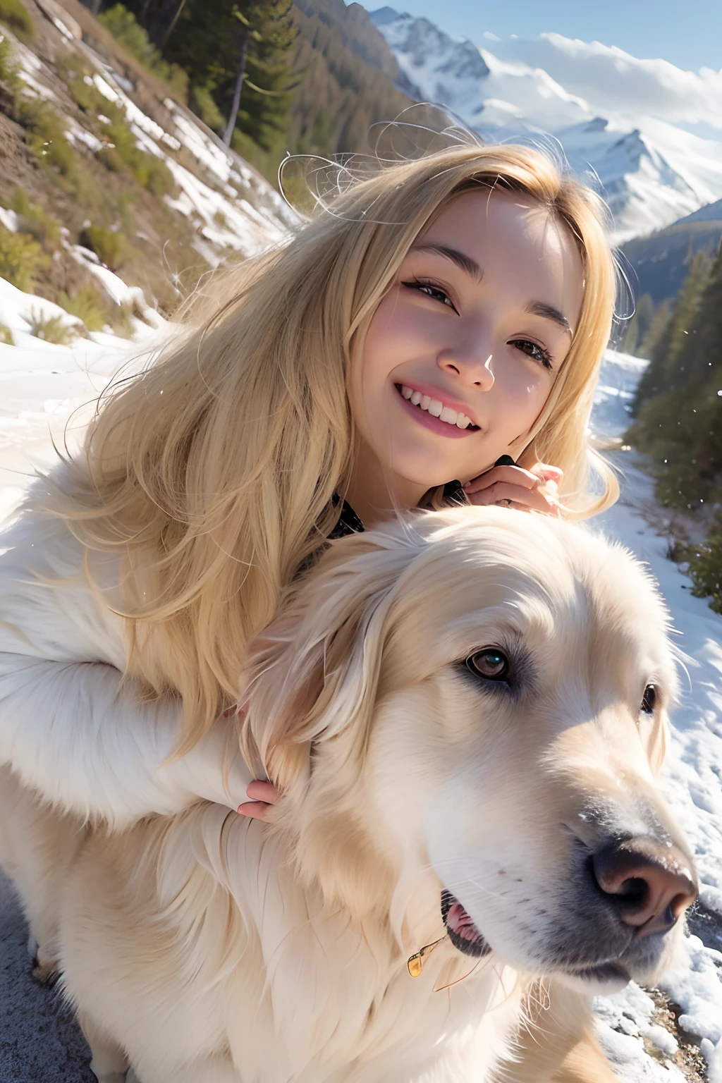 25 year-old girl, Clear facial features, close up, Happy and a golden retriever, Walk on mountain trails, There was snow on the road.