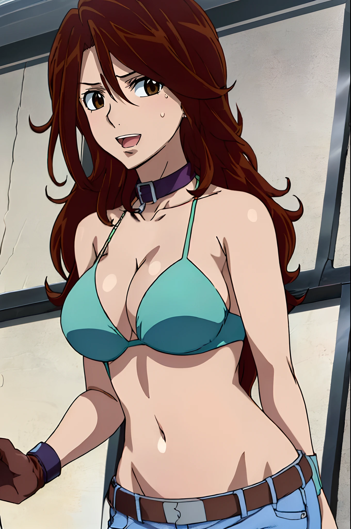 curvy midsection, solo, 1 girl, ultra toned arms, sweating very nuch, tired, smile, breathing heavily), (detailed titration screen, upper body only, anime style: 1.8, anime drawing, ultra detailed face, ultra detailed body, 4k, Sumergai Lee Noriega, (standing), best quality, anime style, hires, highest definition, digital blending, bold drawing lines, ((wwe diva), (location: wrestling arena, crowds watching), ( slim body, (little biceps), , off-shoulders, closed fists, (very curvy: 2.8)), ((white bikini only, jeans, white gloves, collar, hand protector, (champion belt on bare belly))), (pale skin, big breasts, widely open mouth, teeth), (big eyes, brown eyes), (leaning forward), (brown hair, loose hair, curly hair, wavy hair, long hair, missy hair), 27 years old,