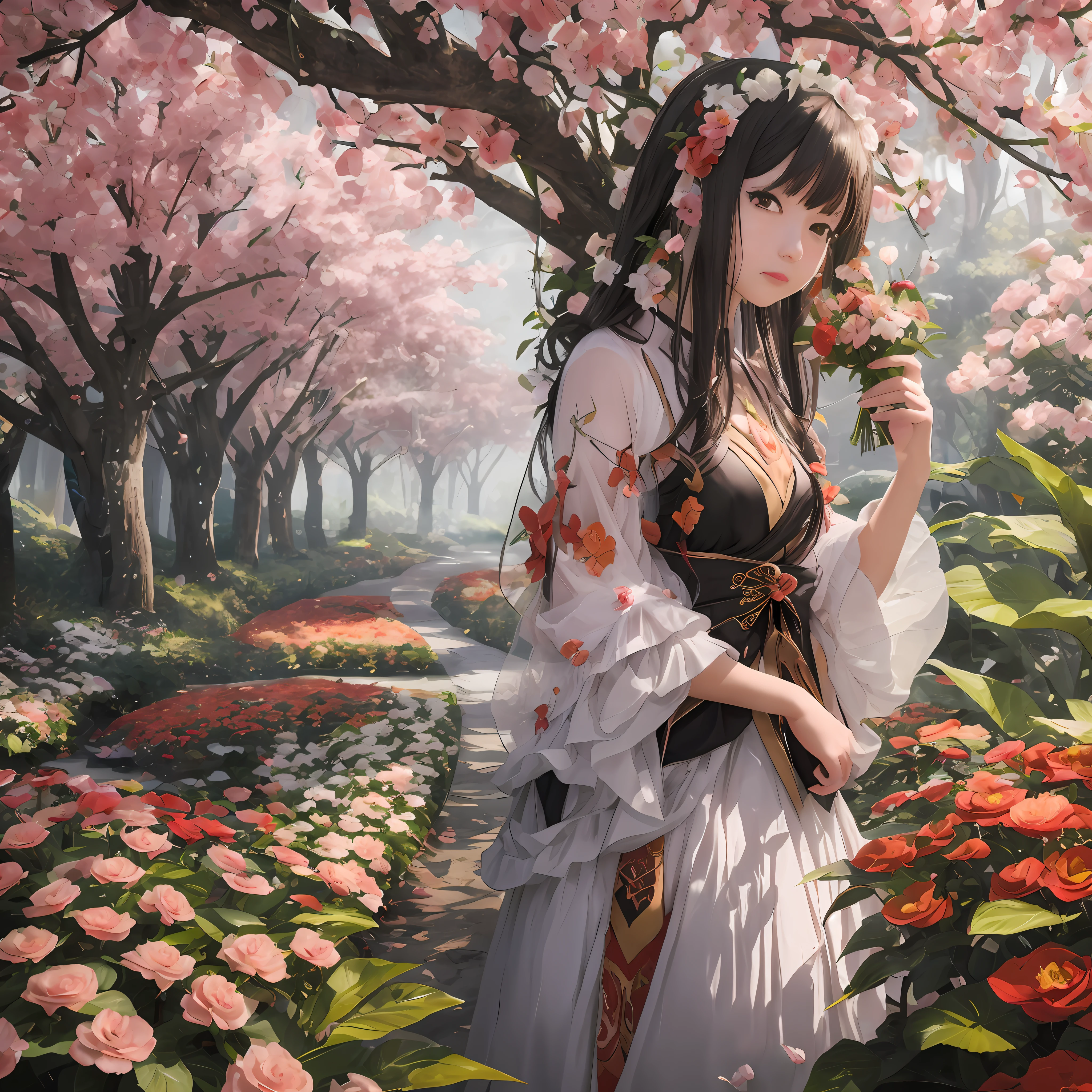 anime girl in a white dress holding a flower in a garden, beautiful anime artwork, beautiful anime art, guweiz on pixiv artstation, guweiz on artstation pixiv, beautiful anime, by Yang J, a beautiful artwork illustration, beautiful anime portrait, artwork in the style of guweiz, anime fantasy artwork, anime art wallpaper 4 k