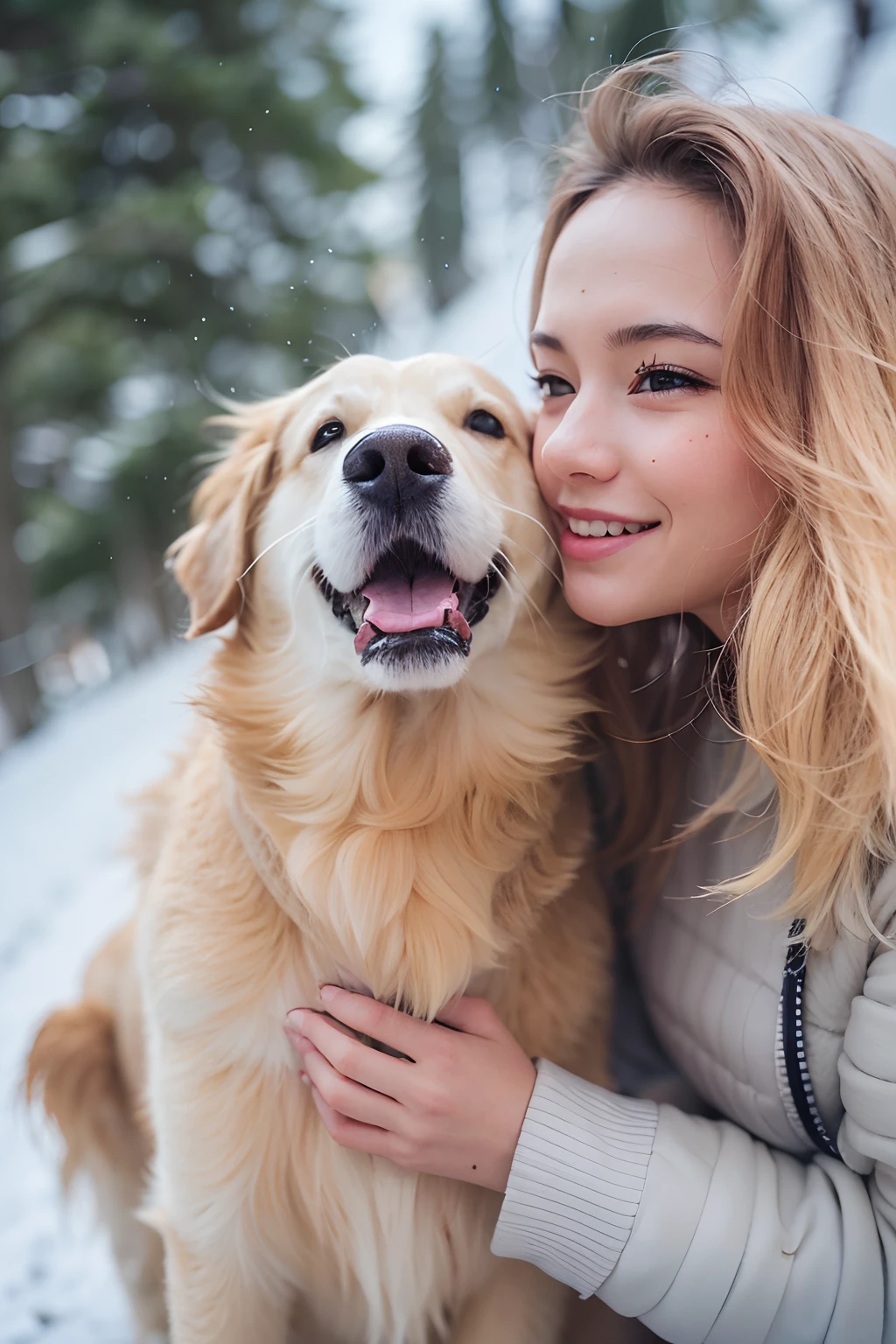 25 year-old girl, Clear facial features, close up, Happy and a golden retriever, Walk on mountain trails, There was snow on the road.