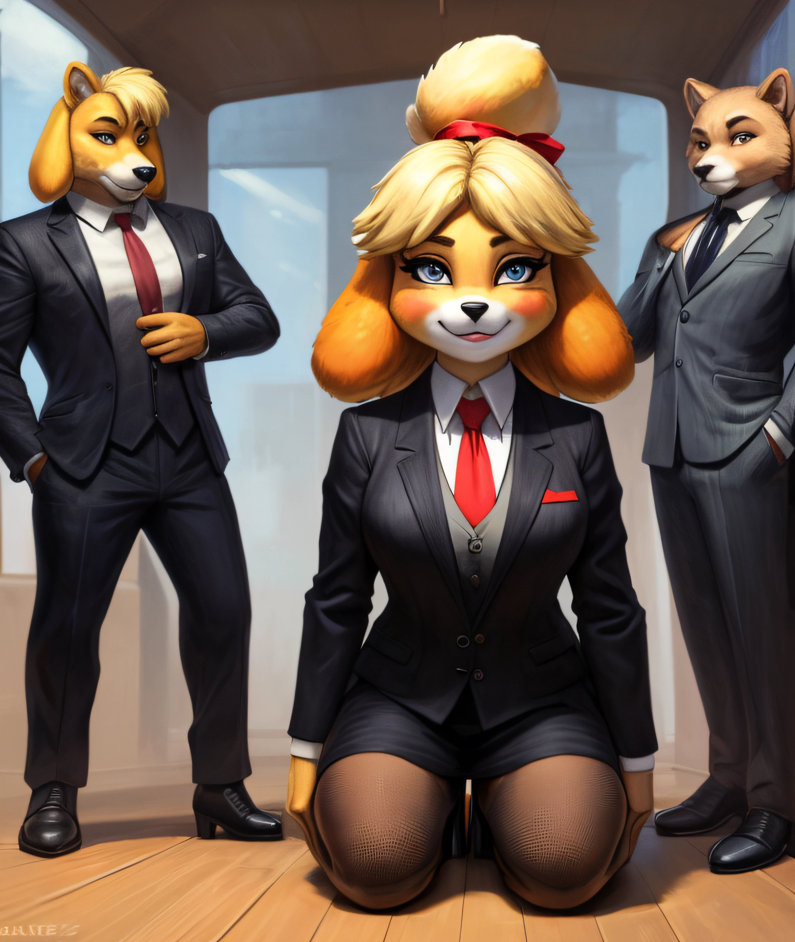 by qupostuv35:1.2), female, (Detailed face), ((anthro, humanoid)), [(thin:1.1) : small petite : (angel \(lady and the tramp\):1.2):4], (Detailed face), (more details, detailed background:1.1), (anthropomorphic legs, anthropomorphic hands:1.1), short, shortstack, large head, ((tail)), bangs, kneeling, (top:1.1),Evil makeup, shiny eyeshadow, looking at viewer, bedroom eyes, {(grey skirt suit), (((three-piece suit))), ((blazer)), ((suit jacket)), ((dress shirt)) tight shirt collar, high shirt collar,, ((waistcoat)), ((necktie)), ((bodycon miniskirt)), ((pencil skirt)), stilettos}, tight clothing, shiny clothing, makeup, shiny eyeshadow, (((bukkake))), (((cum on face))), facial, running makeup , cum covered face, aroused, servicing male, holding penis, sticky, blushing , aroused, covered in cum, messy, multiple men, high heels, pleasure face, touching face, hand on face