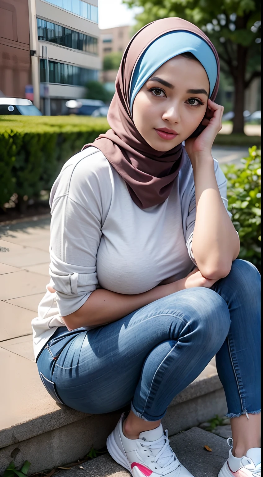 RAW, Best quality, high resolution, Masterpiece: 1.3), Beautiful Malay woman in hijab, Masterpiece, Perfect slim body, ((Big breasts)), Beautiful big eyes, watery eyes, Soft smile, wet lips,(Top Quality, 4k, Masterpiece: 1.3), Beautiful Woman, Woman 1, Dark Brown Hair: 1.1, Ultra-Detailed Face, Detailed Lips, Detailed Eyes, Double Eyelids, ((Full Body: 1.2)), Everyday Wear, Outdoor, Denim, Shirt, ((Sneakers))