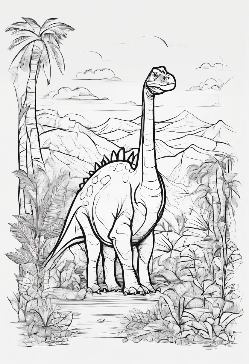 I'm going to make a coloring book for the kids, The dinosaur was a brachiosaurus, The place is jungle, Like a cartoon, low detail, The line is weak, Let me have no shadows