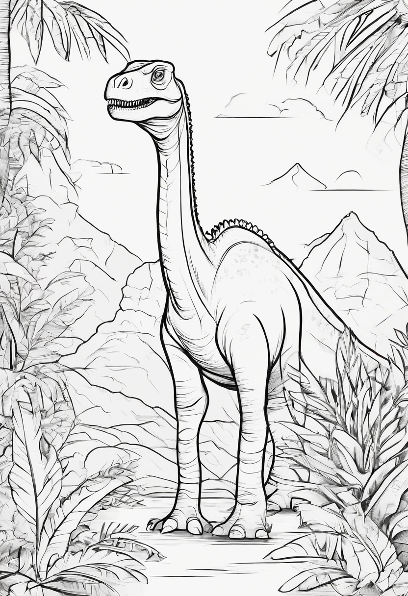 I'm going to make a coloring book for the kids, The dinosaur was a brachiosaurus, The place is jungle, Like a cartoon, low detail, The line is weak, Let me have no shadows