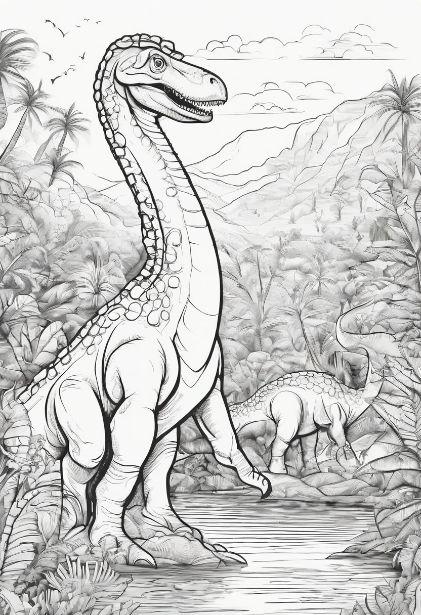 I'm going to make a coloring book for the kids, The dinosaur was a brachiosaurus, The place is jungle, Like a cartoon, low detail, The line is weak, Let me have no shadows