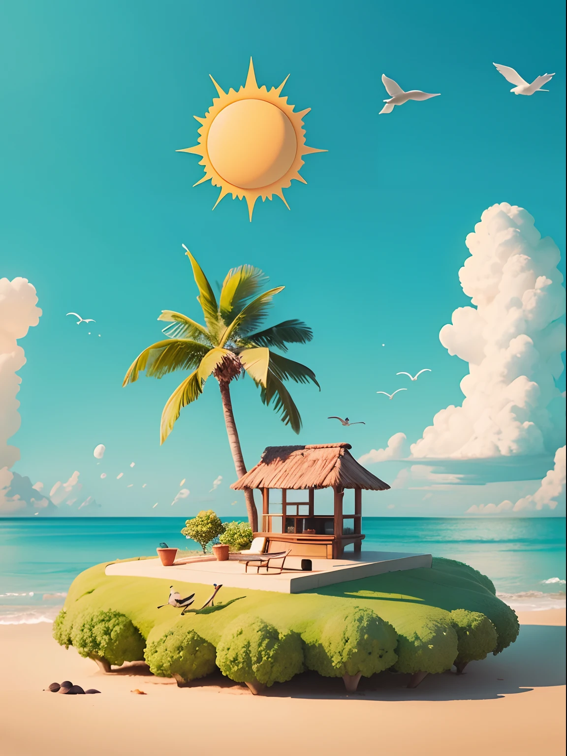 Small island, palm, sun, cloud, bird flying, illustration in cartoon style. Adicionar elementos naturais, E use uma paleta de cores suave para criar uma atmosfera relaxante.