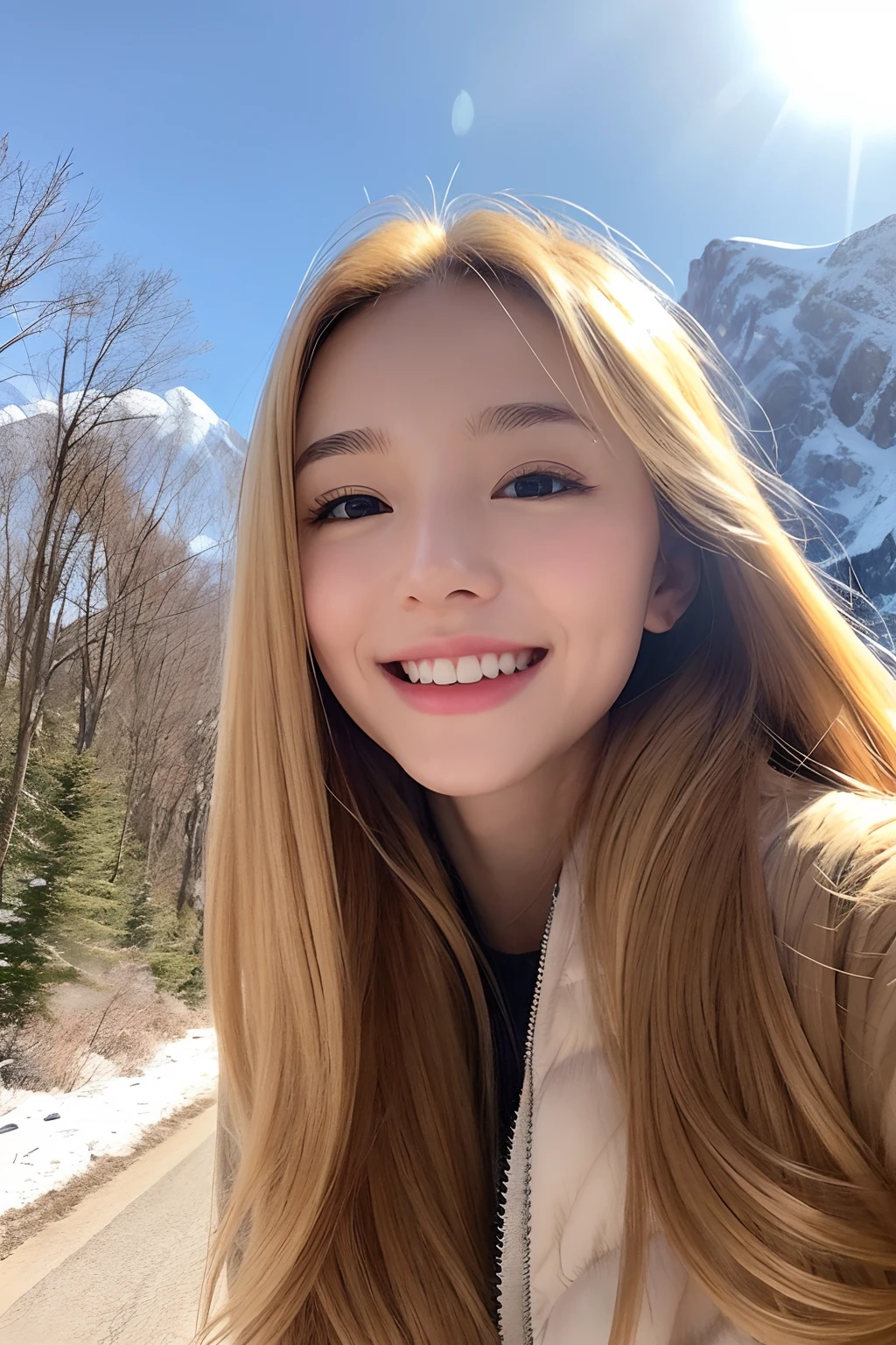 25 year-old girl, Clear facial features, close up, Happy and a golden retriever, Walk on mountain trails, There was snow on the road.