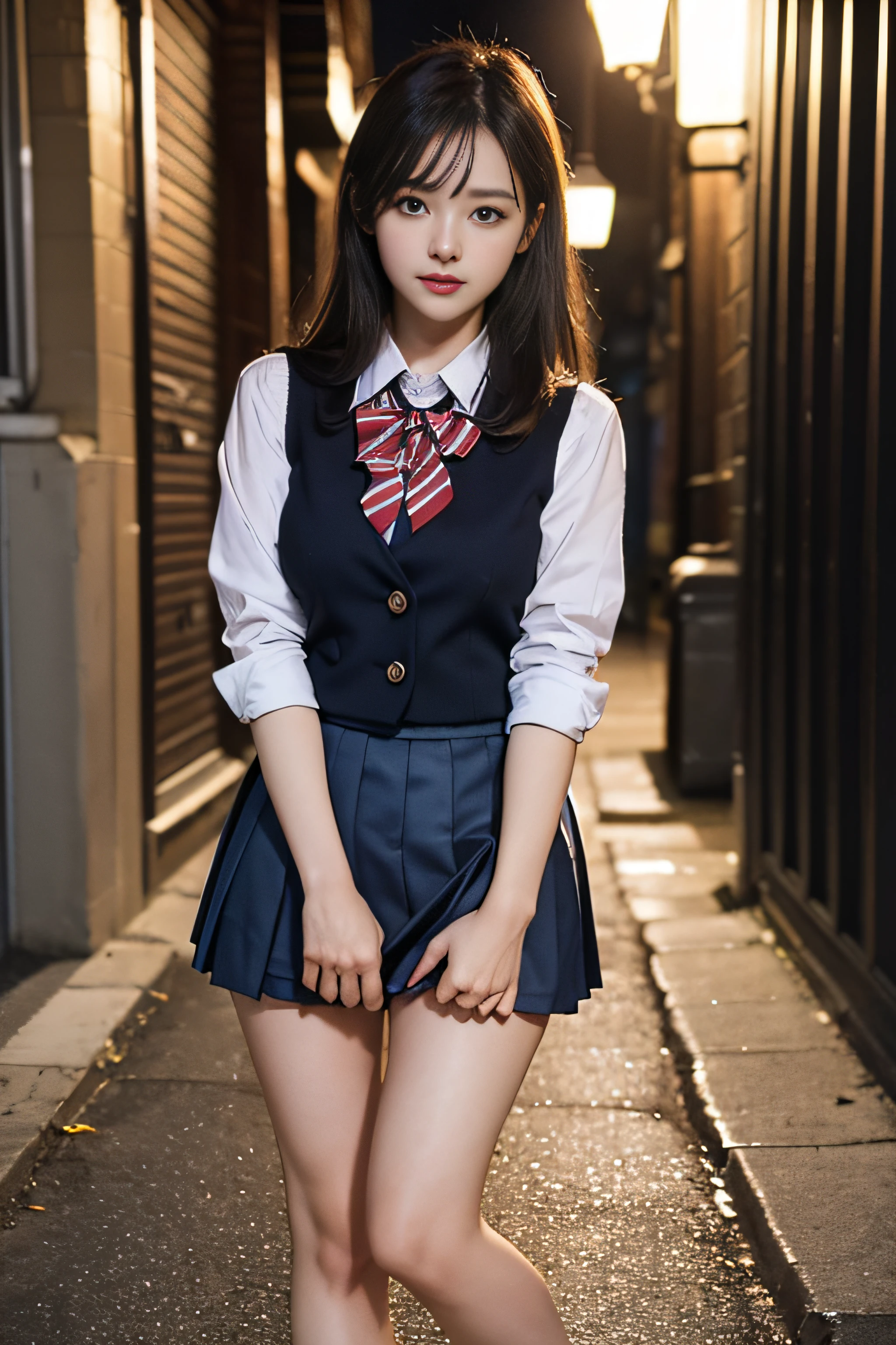 Asian girl wearing schoolgirl uniform with hourglass shape, big breasts, and big ass with big thighs.
